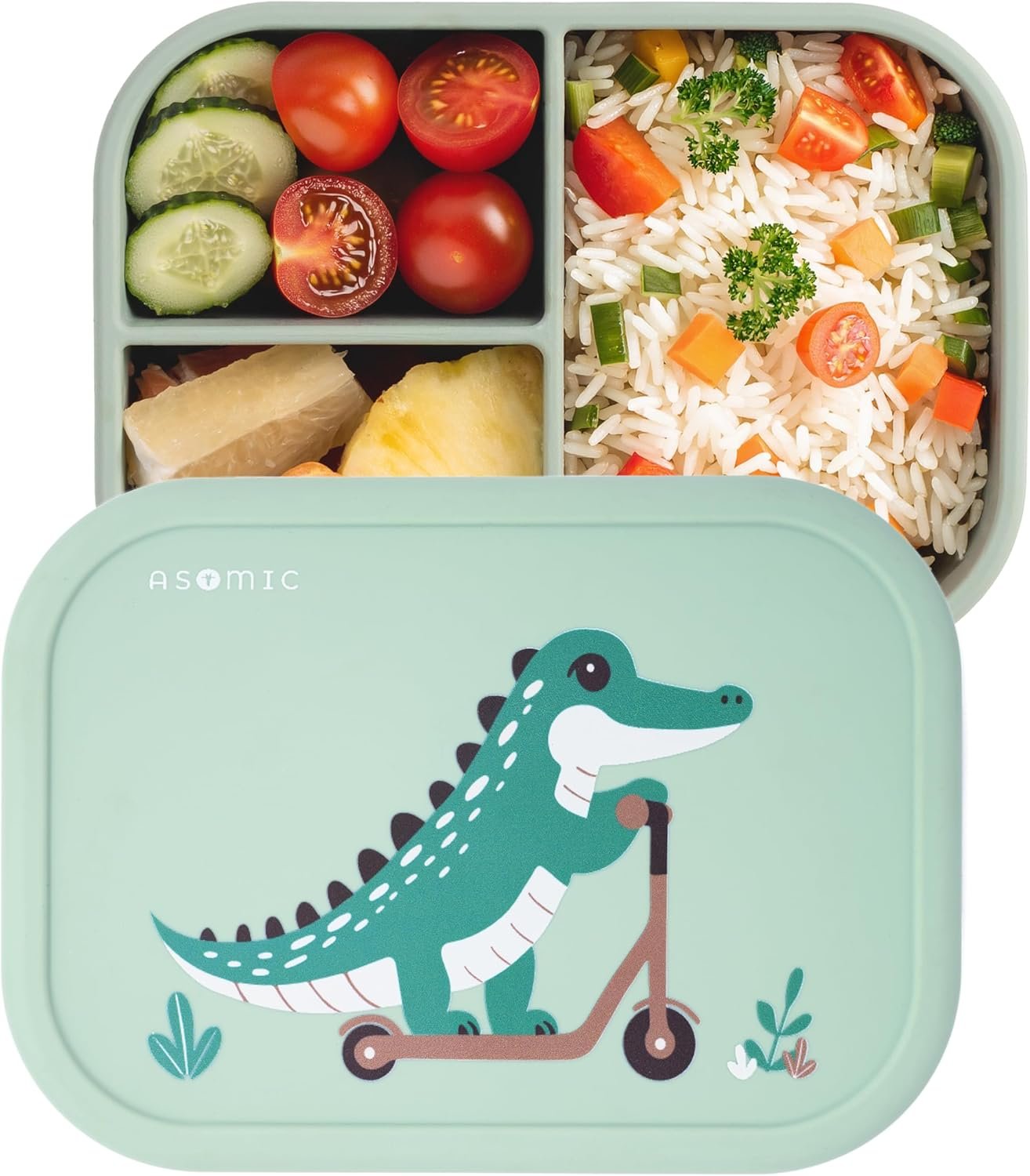 ASOMIC Silicone Bento Box for Toddlers & Kids | Leakproof, 3 Compartments, BPA-Free | Microwave, Dishwasher & Freezer Safe | Daycare, Preschool & School (Crocodile)