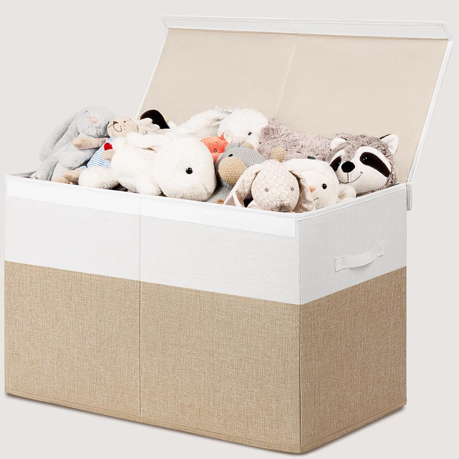 INDRESSME Large Toy Box with Lid, Collapsible Toy Storage Organizer Chest with Divider, Foldable Toy Bin for Kids Boys Girls Playroom Nursery Bedroom Living Room 25″x16″x13″ (Beige & White)