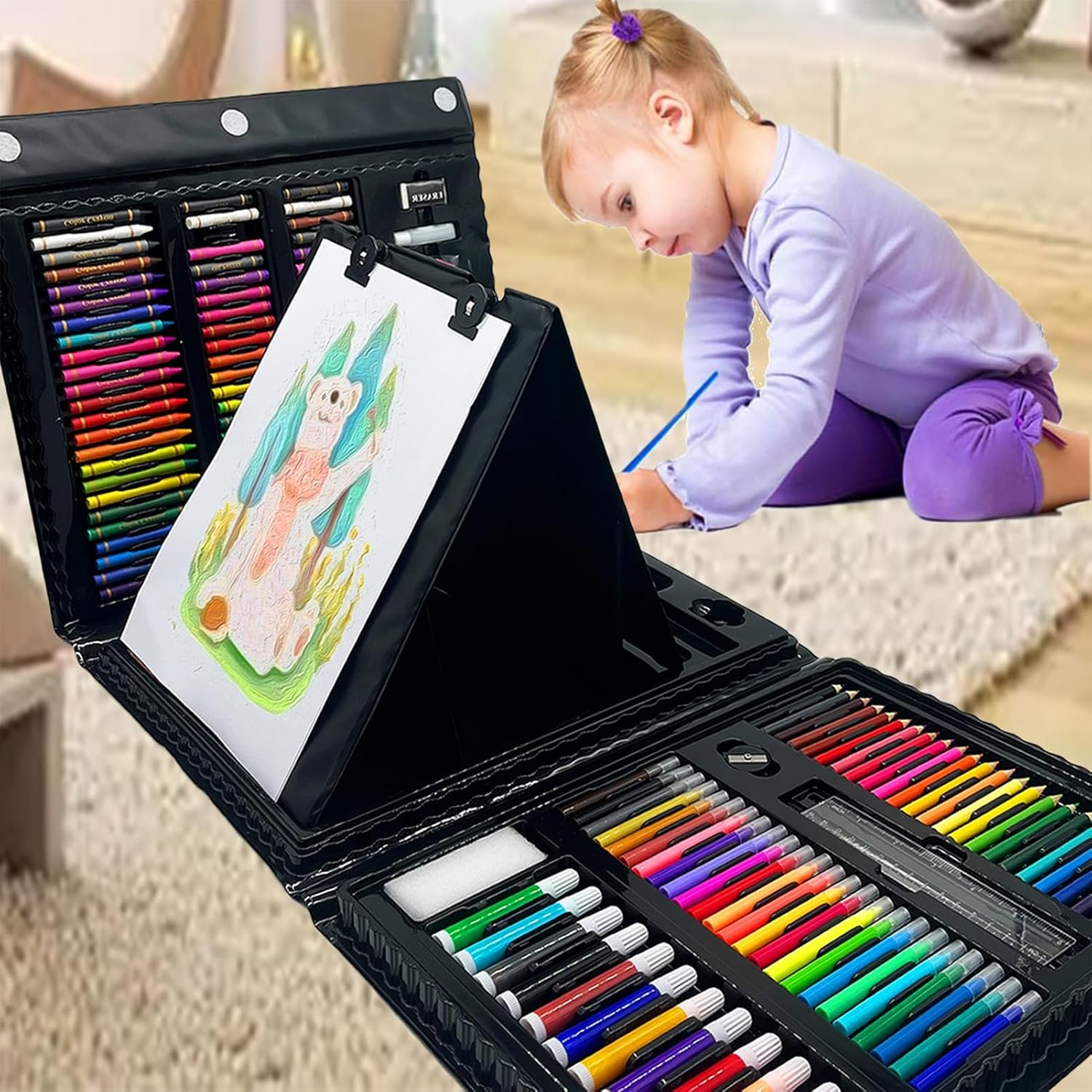 208 PCS Art Supplies, Drawing Art Set Kit for Kids,Teens Artist, Adults Art Set with Double Sided Trifold Easel, Oil Pastels, Crayons, Colored Pencils, Watercolor Pens Gift for Girls Boys Artist,Black