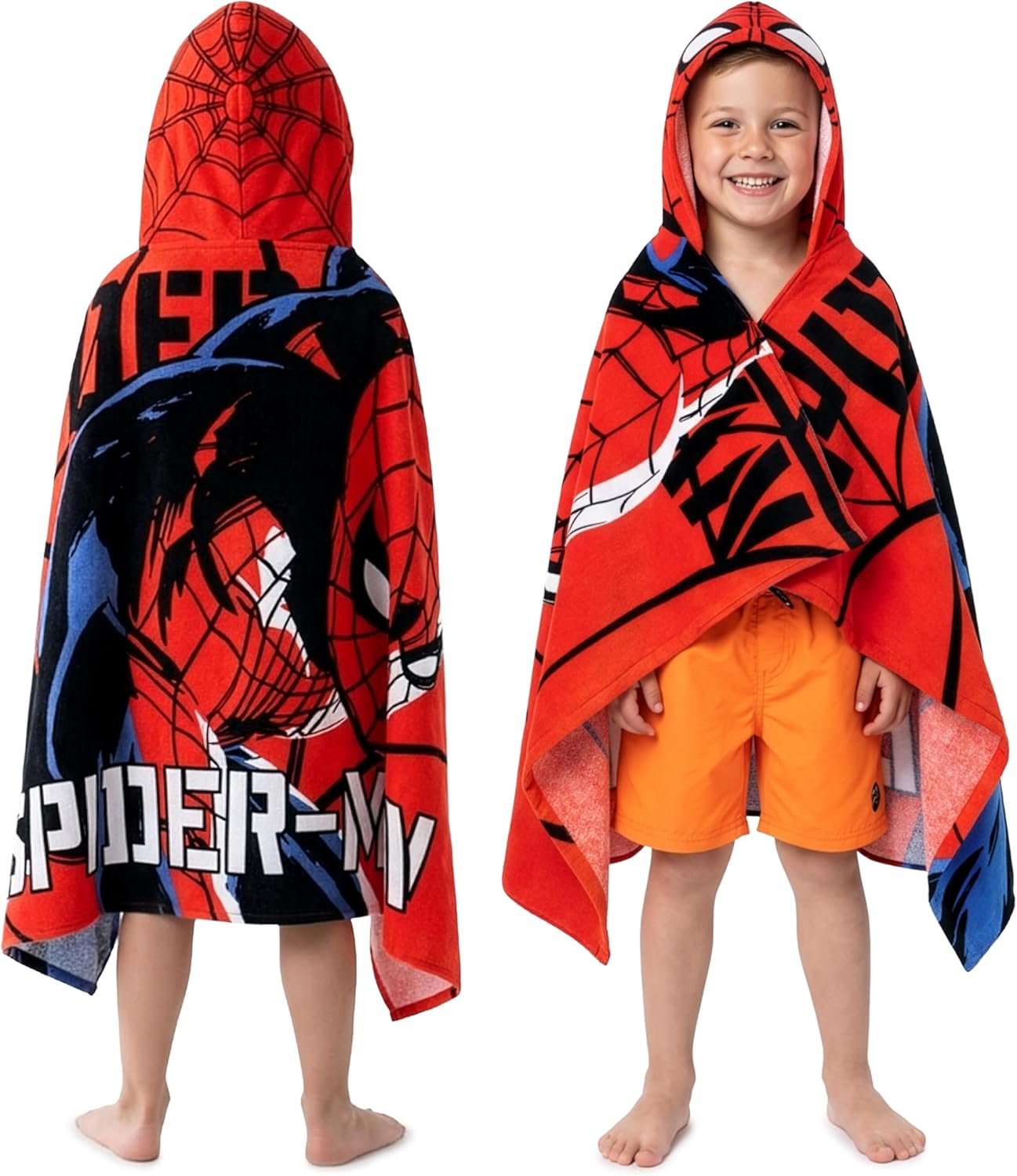 Marvel Spiderman Kids Changing Robe, Hooded Towel Poncho Boys Girls, Avengers Wearable Towel for Swim Surf, Gifts for Kids (Red Spiderman, 6-14 Years)