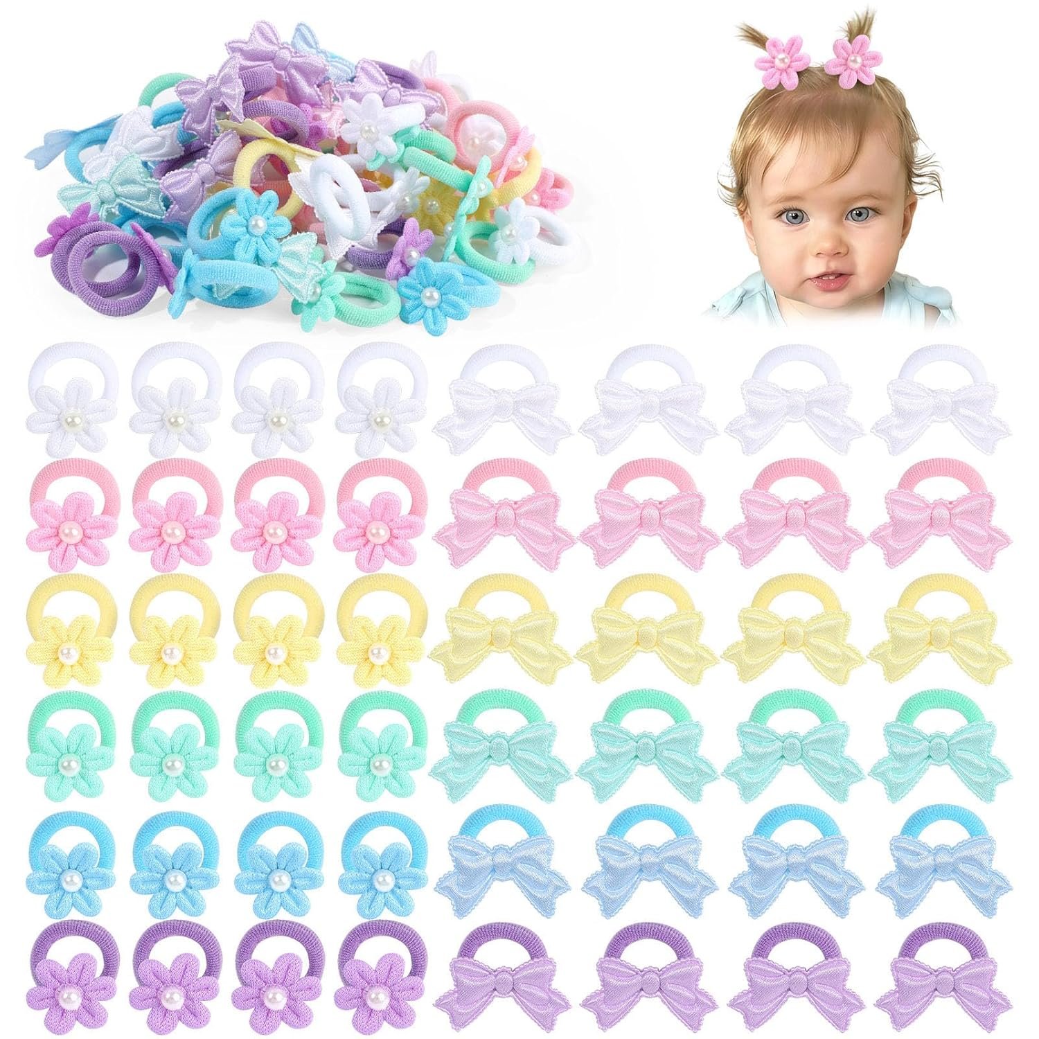 OAOLEER 48PCS Baby Hair Ties, Toddler Hair Ties No Damage with Flower, Soft Elastic Ponytail Holders Hair Accessories for Thick Hair Infants Baby Toddlers Little Girls, 1 Inch