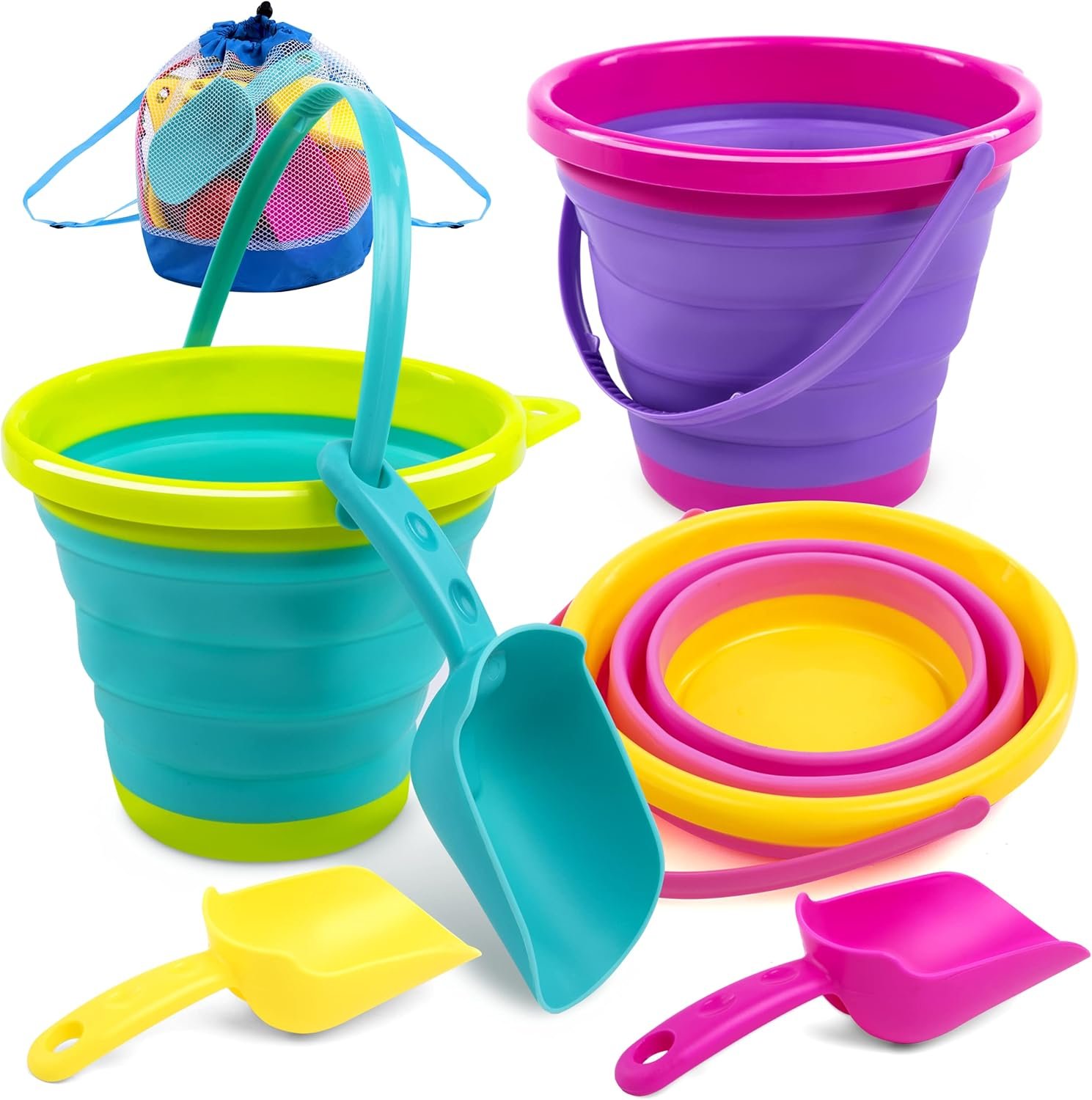 JOYIN Foldable Beach Bucket Set – 3 Packs Collapsible Toy Buckets with Shovels and Mesh Backpack for Kids Toddlers Party, Camping Gear, Travelling, Fishing Water Pail (Pink/Purple/Green)
