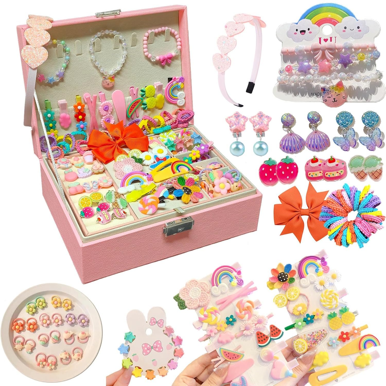 Jewelry Box with Hair Accessories for Girls, Hair Clips/Barrettes/Hair Ties/Bows/Toy Rings/Bracelets/Earrings/Hair Ropes/Hair Elastics, Gift Toys for Teen, Girls aged 4 5 6 7 8-12