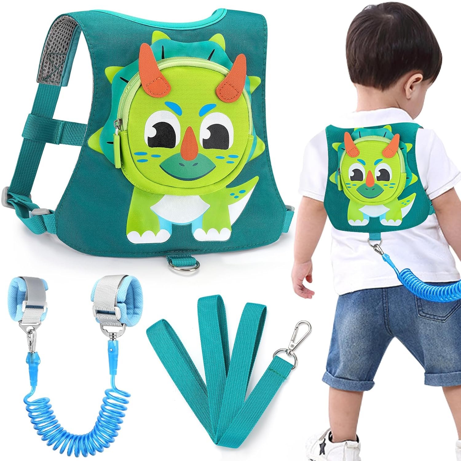 Toddler Harness Leash with Anti Lost Wrist Link, Accmor Kids Dinosaur Harnesses Leashes, Cute Triceratops Kids Walking Wristband Assistant Strap Belt for Parent Baby Boys Outdoor Activity