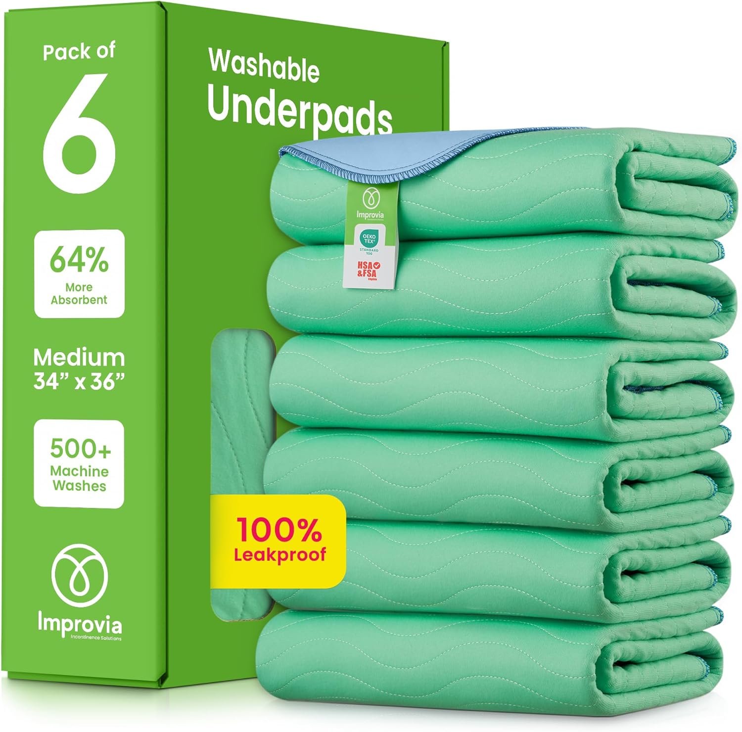 IMPROVIA® Washable Underpads, 34″ x 36″ (Pack of 6) – Heavy Absorbency Reusable Incontinence Pads for Kids, Adults, Elderly, and Pets – Waterproof Protective Pad for Bed, Couch, Sofa, Furniture, Floor
