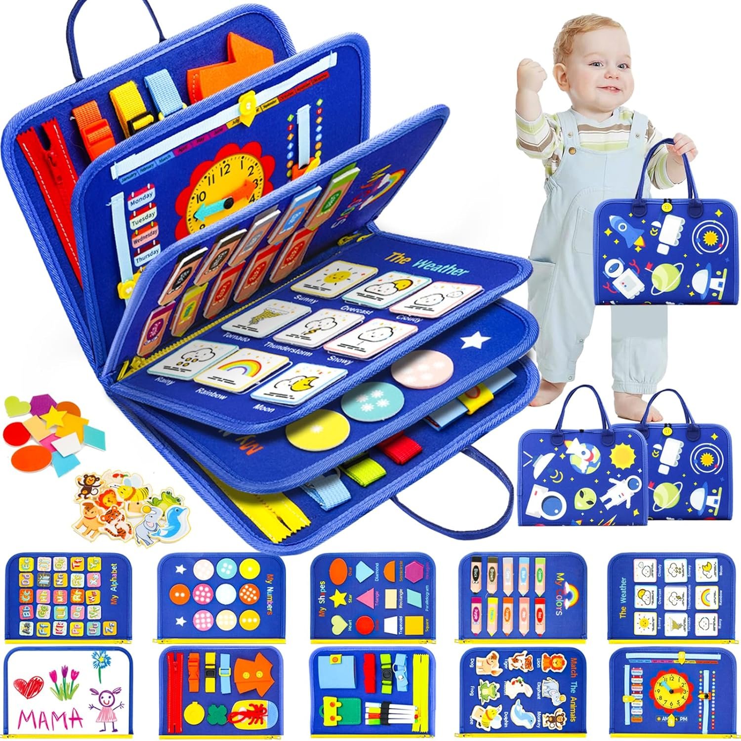 Toddler Busy Board, Montessori Toys for Boys, Sensory Board Birthday Gifts – Educational Busy Book, Learning toys for Toddlers, Preschool Learning Activities and Travel Toys for Airplane Car, Blue