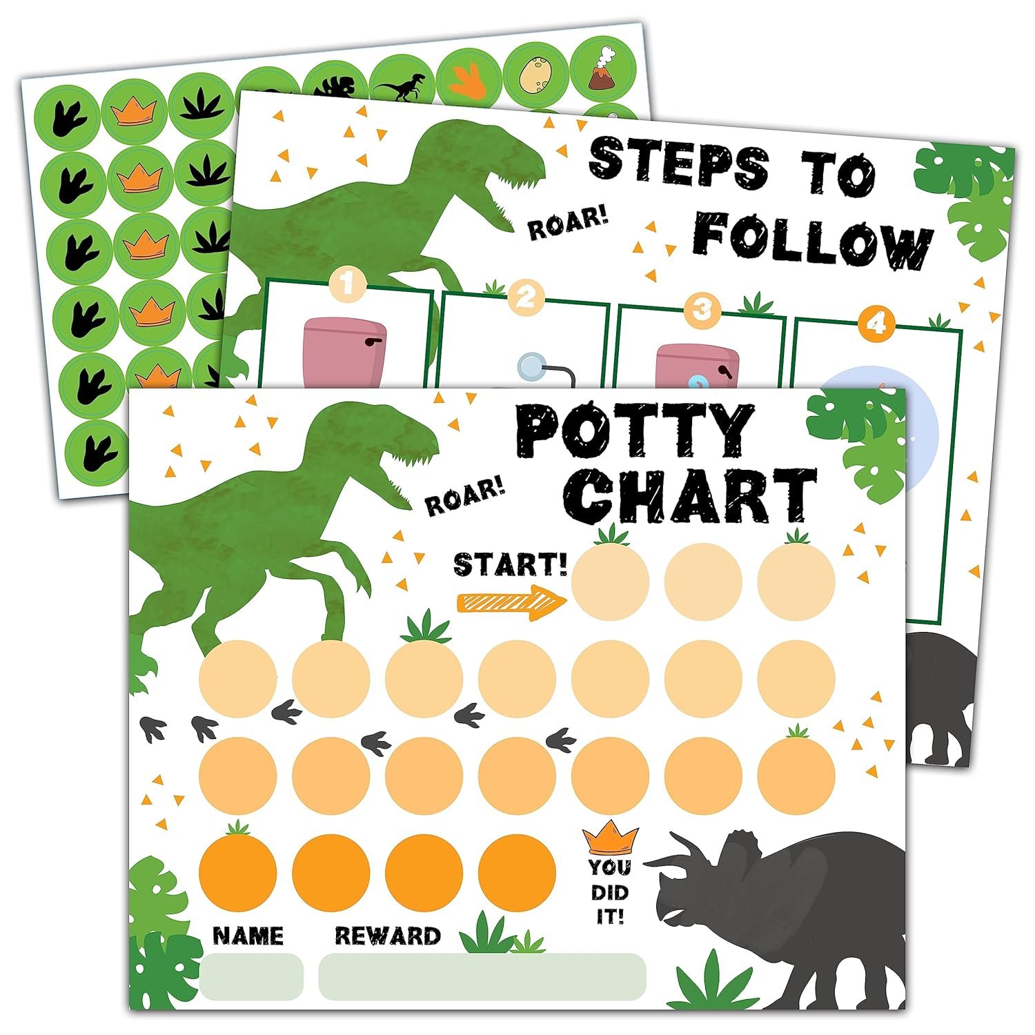 Dinosaur Potty Trainning Sticker Chart for Toddlers Boys Girls, 20 Potty Training Chart with 432 Stickers & 1 Routine Card – B09