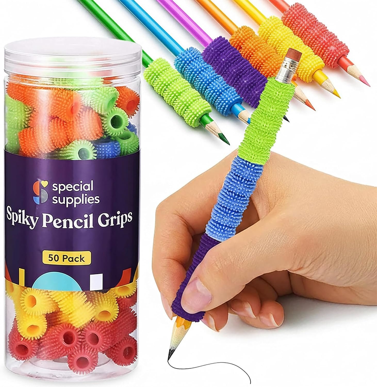 Special Supplies Spiky Pencil Grips for Kids and Adults Colorful Holders for Handwriting, Drawing, Coloring – Ergonomic Right or Left-Handed Use – Reusable (50-Pack)
