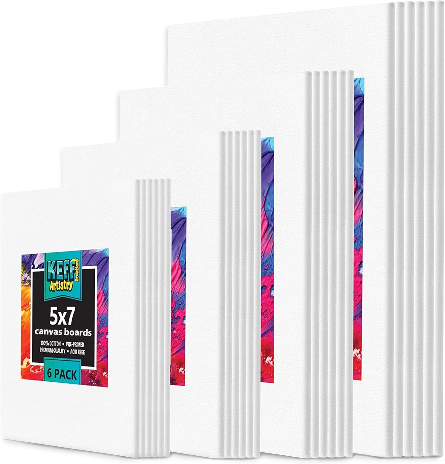 KEFF 24-Pack 𝗣𝗥𝗘𝗠𝗜𝗨𝗠 Canvas for Painting, 6 of 5×7, 8×10, 9×12,11×14 Painting Canvas Boards, Art Supplies for Adults & Kids – 100% Cotton Primed Canvases for Painting Acrylic, Oil, Watercolor