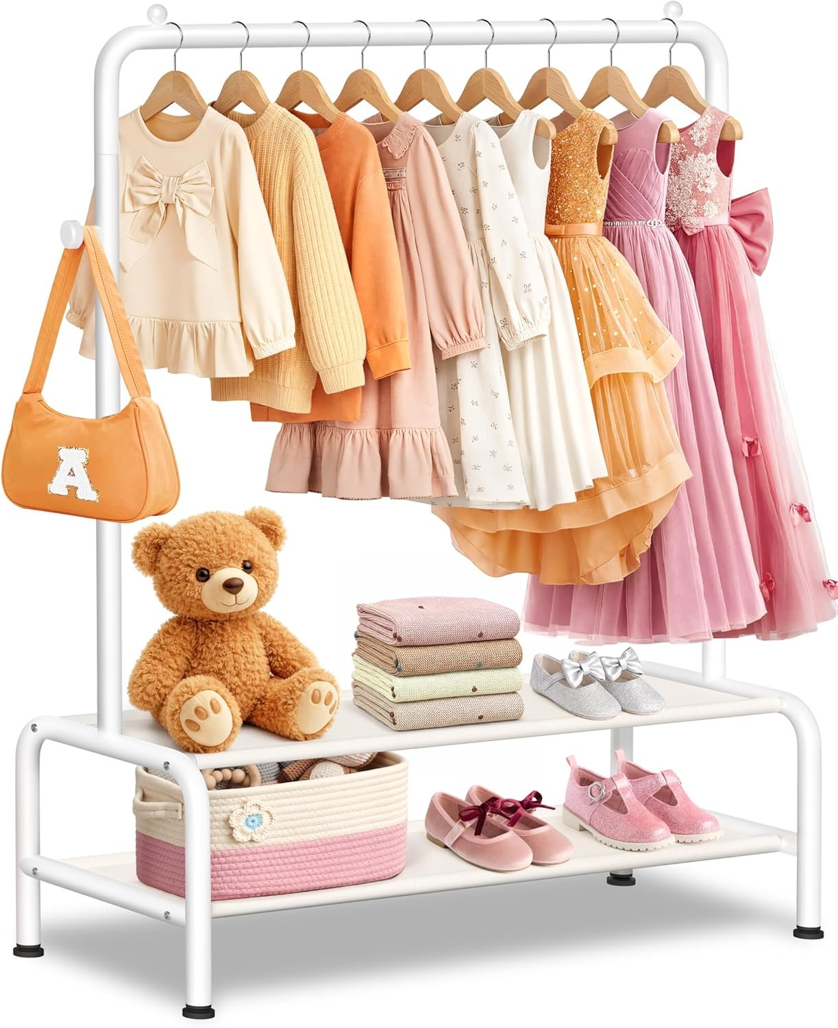 Kids Clothing Rack – Dress Up Clothes Rack – Baby Toddler Closet – Mini Freestanding Coat Racks with 2 Fabric Shelves – Small Kids Costume Wardrobe – Garment Rack for Hanging Clothes Organizer