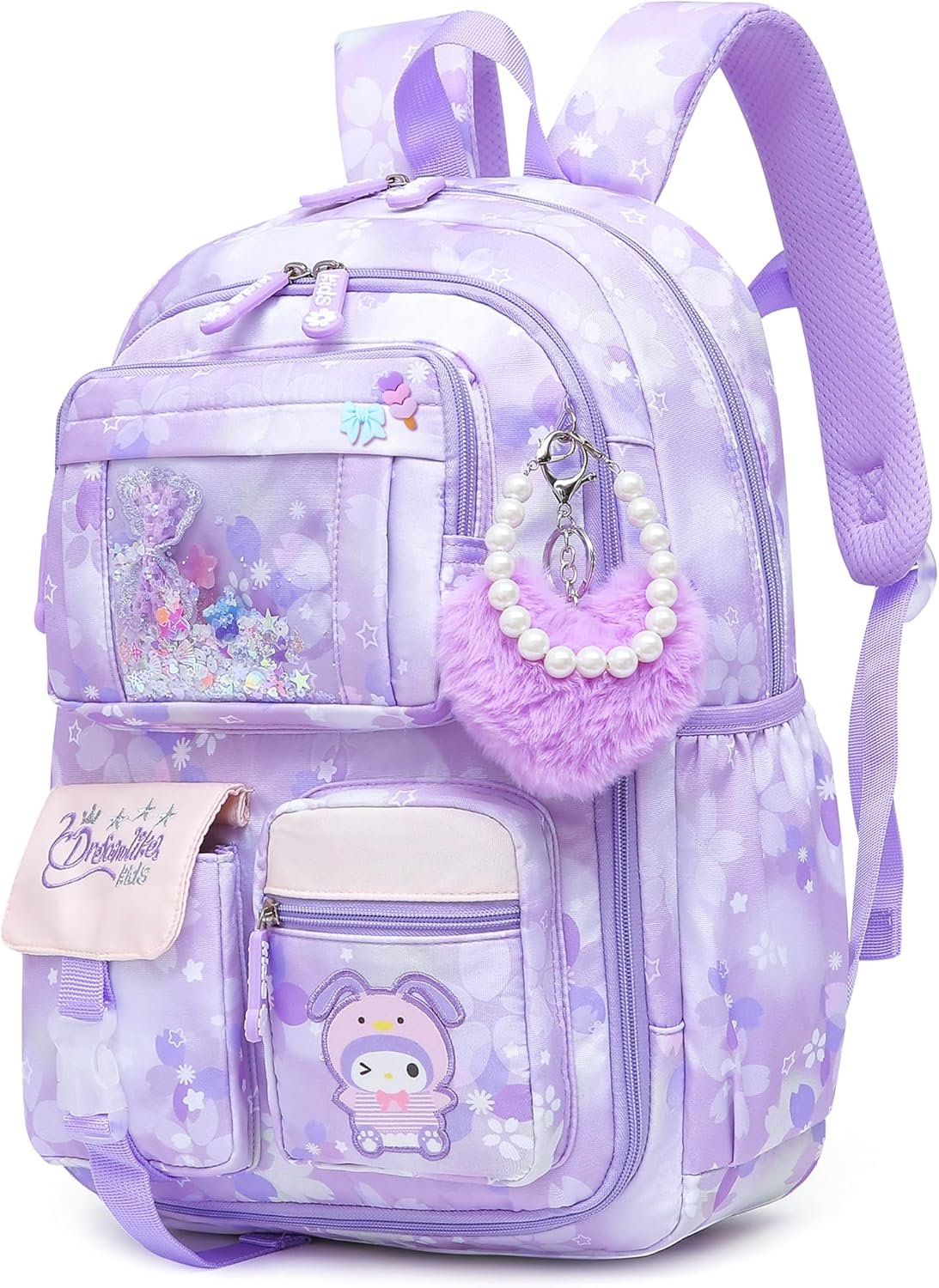 Lovely Girls Backpack School Bag for Students Kids Book Bag with Multiple Pockets Splash-proof Children’s Backpack（17inch Purple）