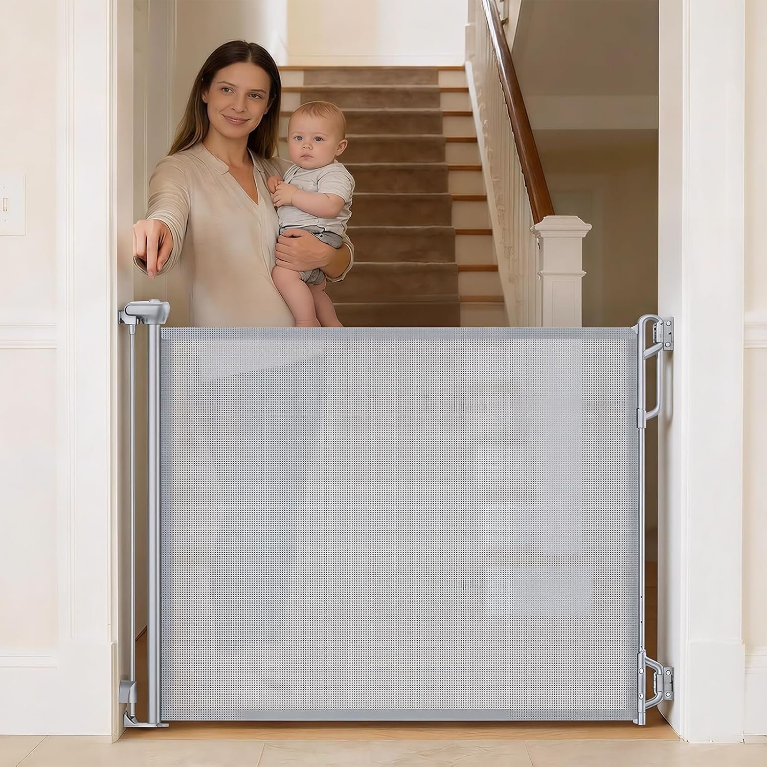 SPACEANY Retractable Safety Baby Gate or Mesh Dog Gate,Durable Portable Mesh Retractable Gate,Easy to Use for Stairs, Doorways, Hallways, Indoor, Outdoor, 33.5″ Tall, Up to 45″ Wide, Gray