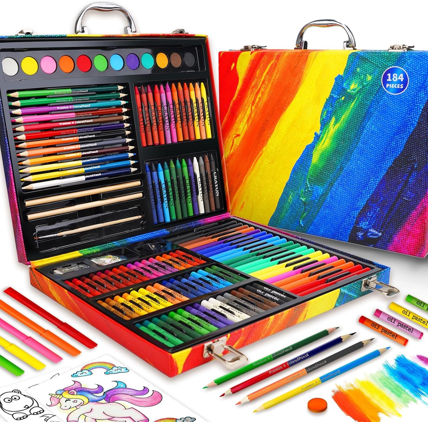 Okiki Art Supplies Kit for Kids Ages 5-12, 184-Pack Art Case Coloring Set, Drawing Kits with Gifts Box, Arts Set for Kids Girls Boys, Crayons, Pastels, Double-ended Colored Pencils, Coloring Book