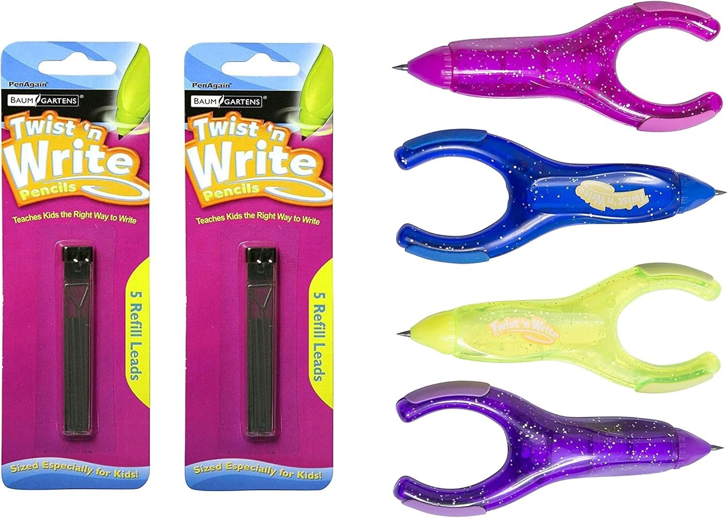 PenAgain Twist ‘n Write Pencil Assorted Colors 4 Count (00071) Bundle with 10 Count Refills
