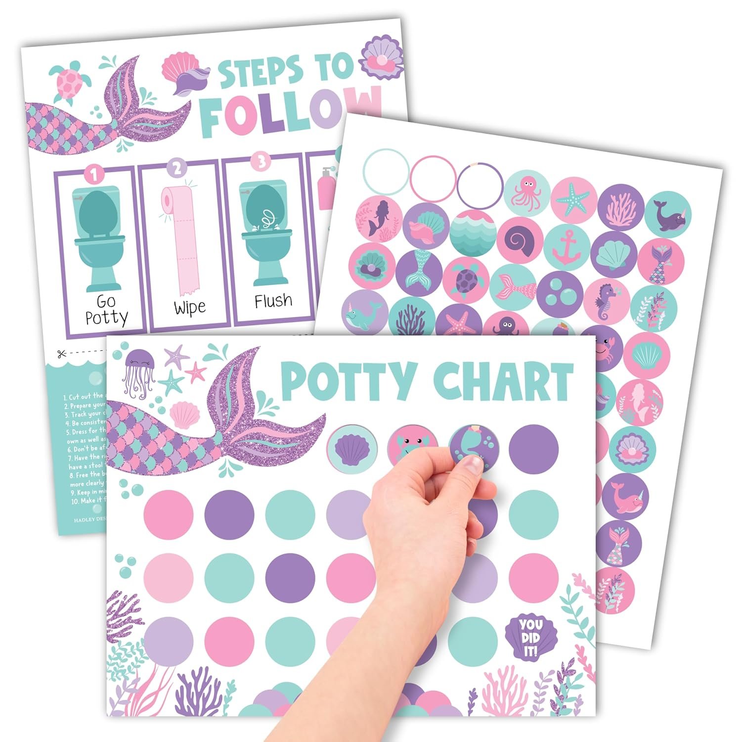 Hadley Designs Potty Training Chart for Toddlers Girls -10 Sticker Potty Chart for Toddlers Girls, 8.5×11″ Potty Training Sticker Charts for Toilet Success, Mermaid Toddler Reward Chart for Kids