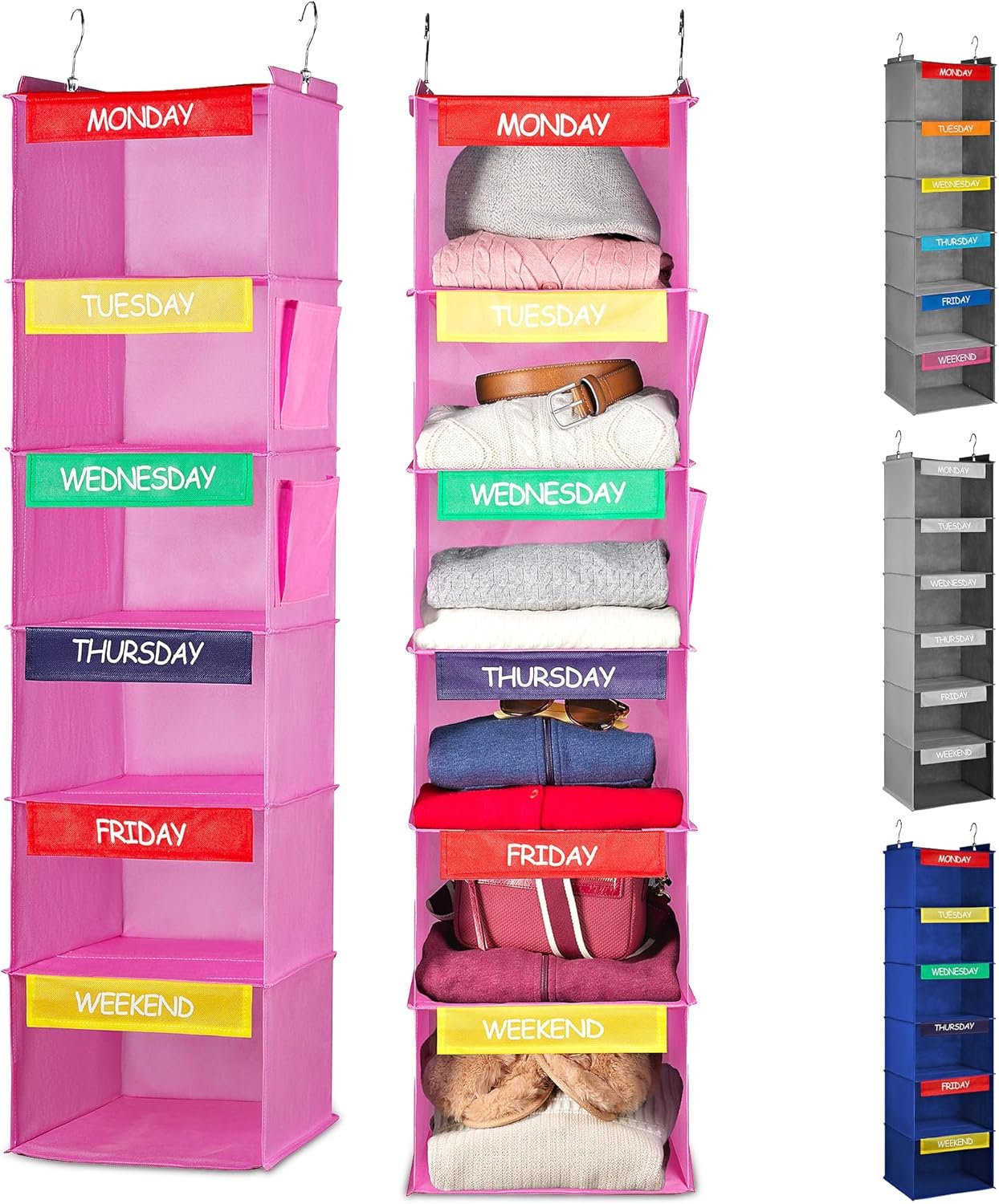 Handy Laundry Hanging Clothes Organizer for Kids – 6-Shelf Closet Daily Clothing Organization Labeled Shelves with Days of The Week Monday Through Friday, Weekday and Weekend (Pink)