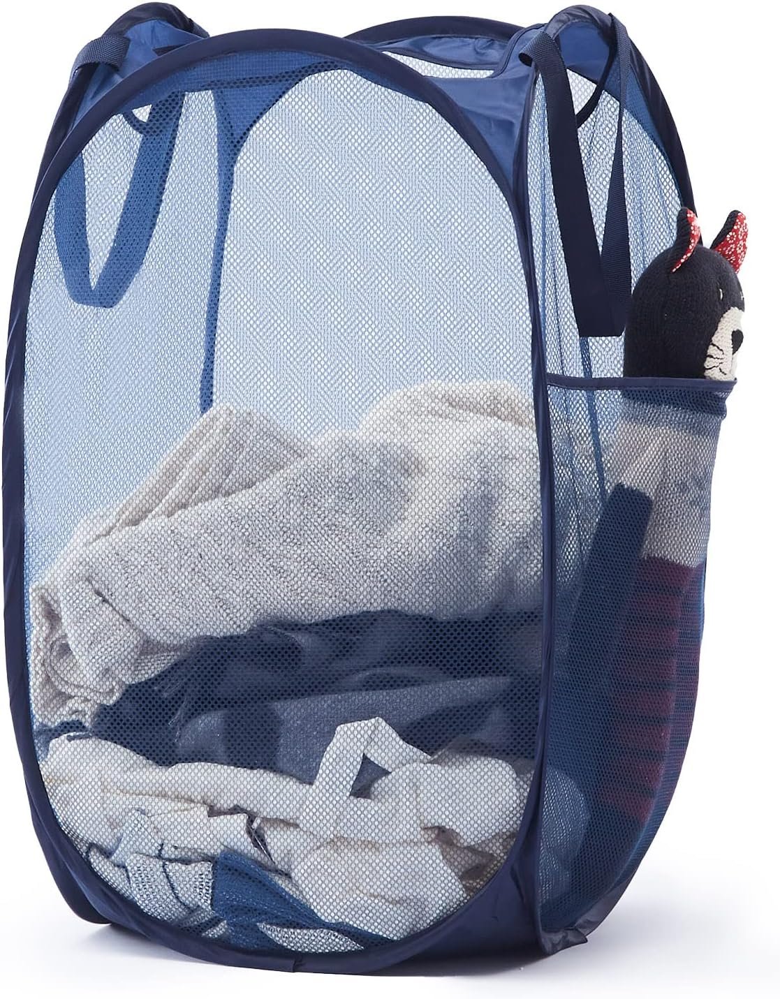 Collapsible Pop Up Laundry Basket, Hamper with Sturdy Handles and Side Pocket – Mesh Portable Foldable Dirty Clothes Hamper for Dorm, Laundry room, Bathroom and Travel Storage, Navy Blue