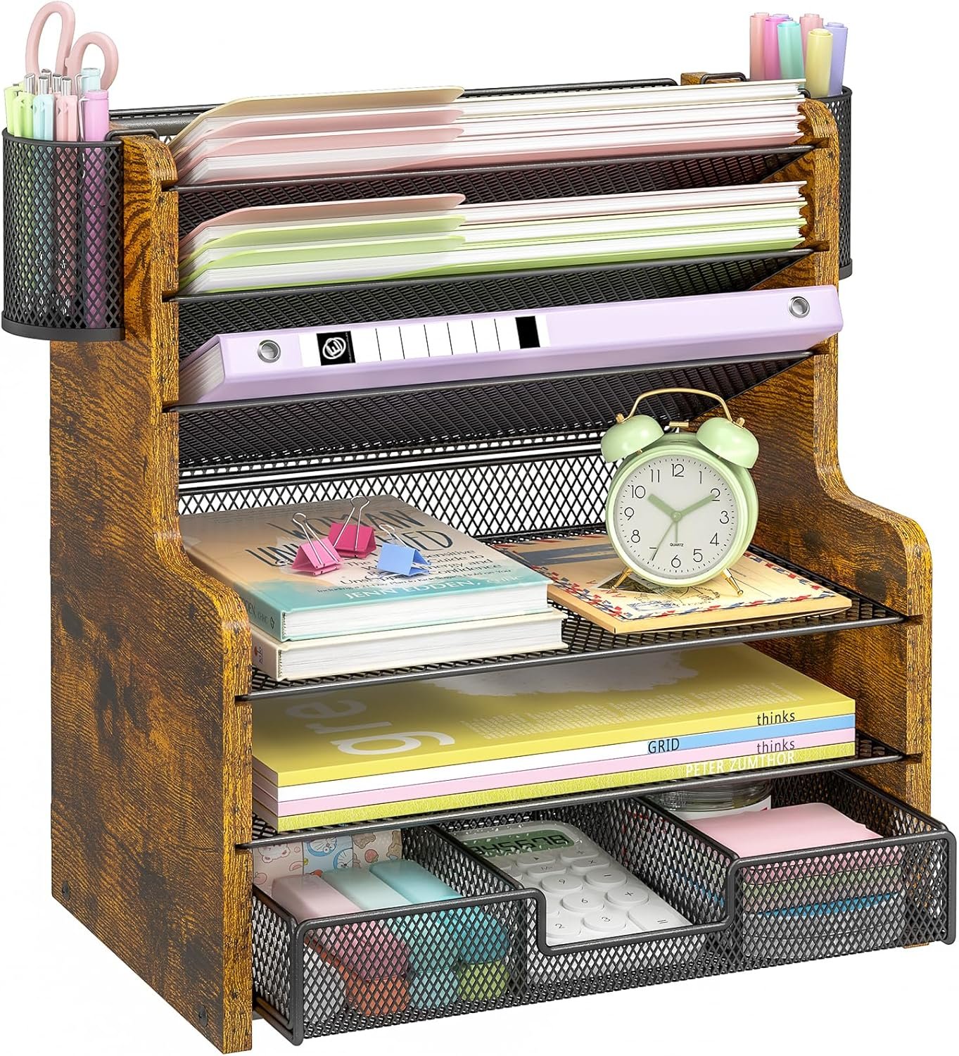 DAOUTIME 6-Tier Mesh Desk Organizer with Drawer, Wooden Office Organizer for Papers, Folders & Office Supplies – Sturdy Desktop File Holder with 2 Pen Holders – Space Saving Home Office Accessories