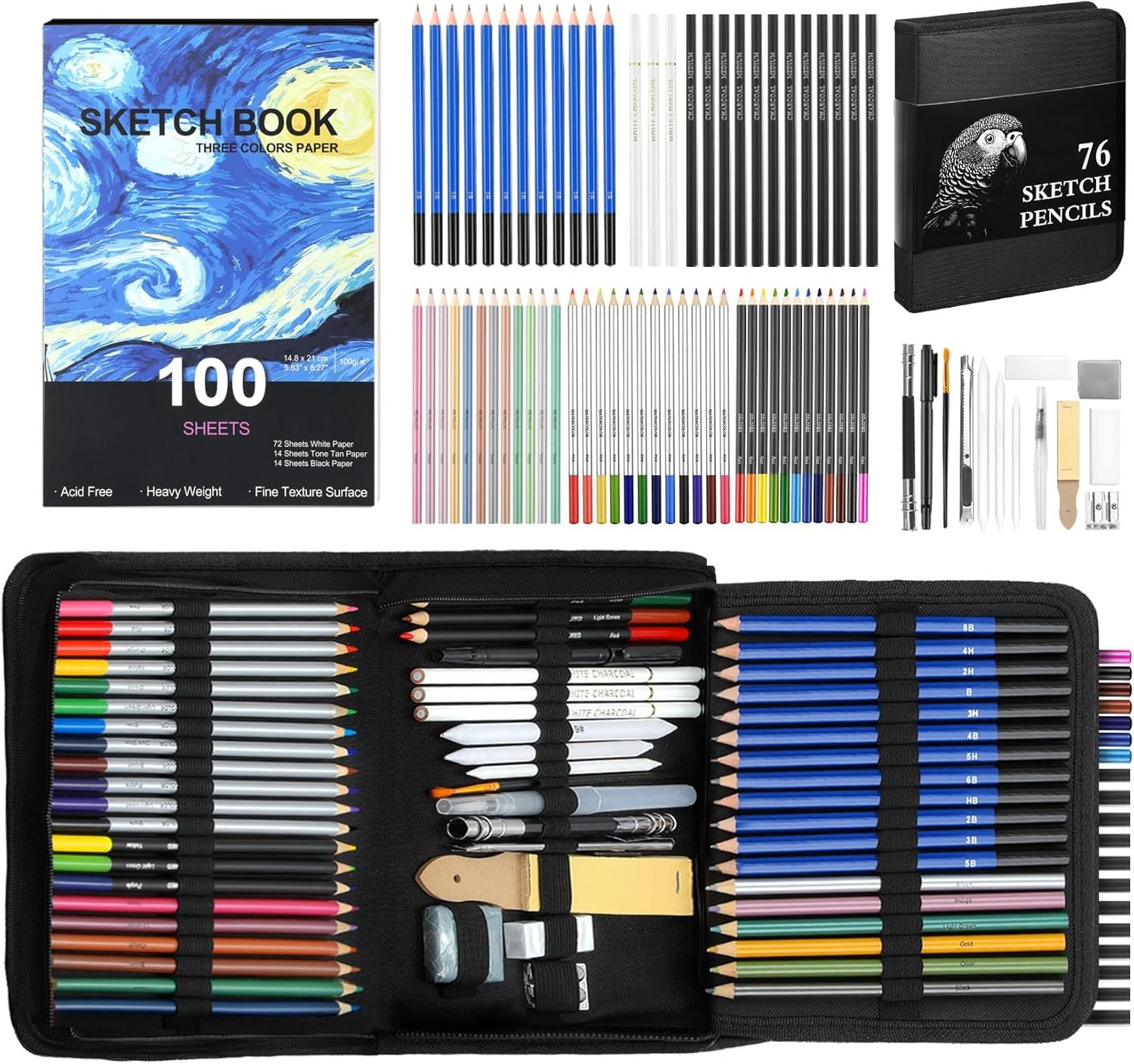 TMOL 76 Pack Art Supplies Sketching Kit with 100 Sheets 3-Color Sketchbook, Drawing Pencils Include Graphite Colored Charcoal Watercolor & Metallic Pencils, for Kids Adults Beginner Artists