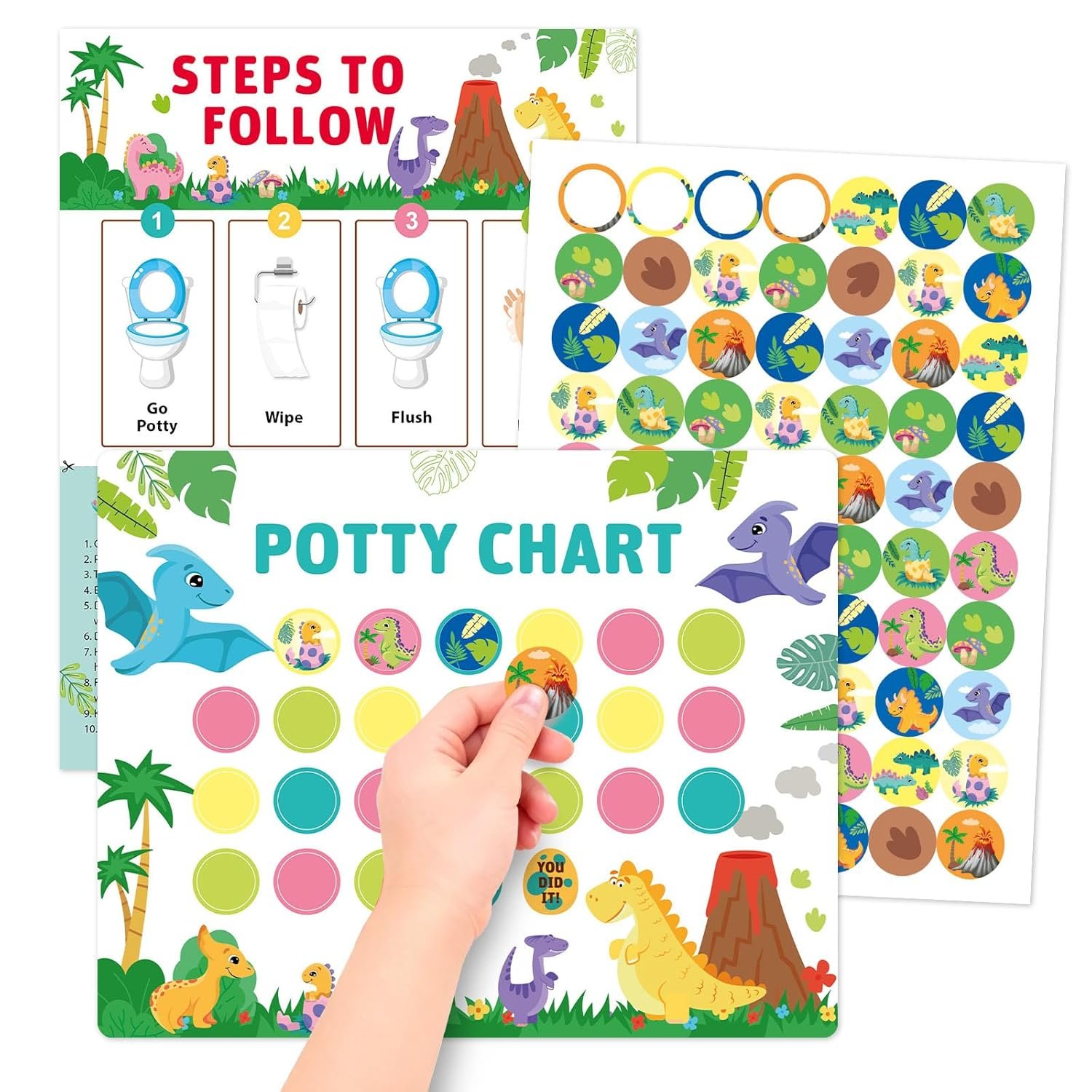 Dinosaur Potty Training Chart for Toddlers, 10 Potty Training Sticker Charts with 280 Reward Stickers, Potty Reward Chart Sticker Chart for Kids, Potty Toilet Training Aid for Boys, Girls
