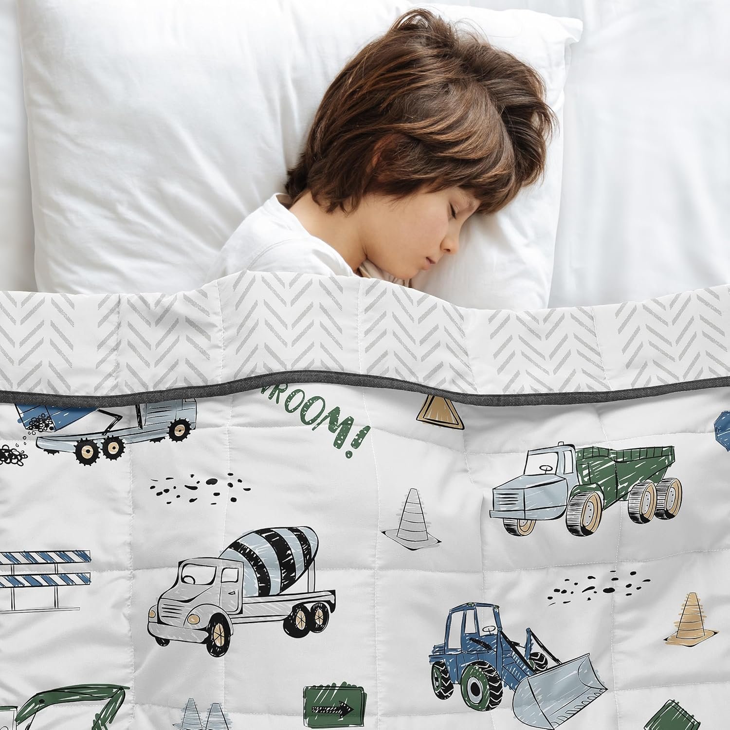 Sweet Jojo Designs Weighted Blanket Kids (Construction Truck) for Boys, Small Size Throw Lap Pad Washable 5 pounds (White/Grey Tire Track Print & Green, Blue, Transportation, Zone Vehicles, Bulldozer)