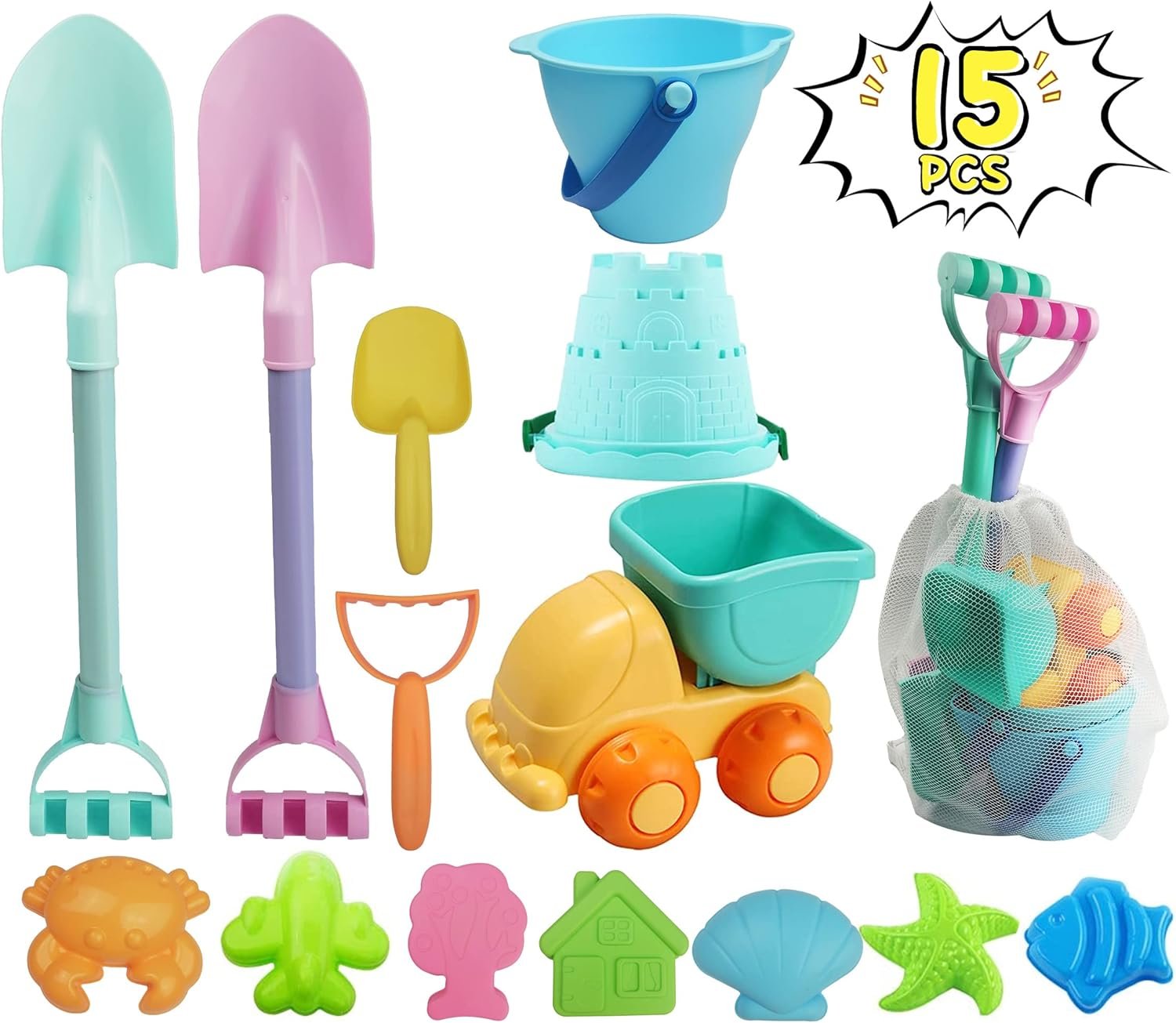 IOKUKI Long Shovels Sand Toys Set with Mesh Bag Including Dump Truck, Beach Buckets, Shovels, Rakes, Molds, Outdoor Beach Toy Tool Kit for Kids, Toddlers, Boys 1and Girls (15 PCS) Age 3+
