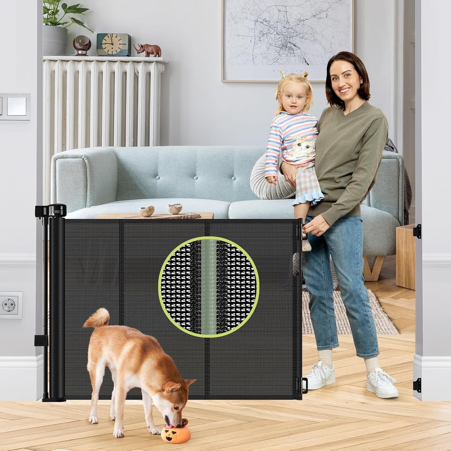 Reinforced 55″ Wide Retractable Baby Gates with Reinforced Strips, Indoor/Outdoor Retractable Dog Gate for Doorway Prevent Bottom Drilling Through, No Bottom Bar Safety Mesh Baby Gate for Stair, Black