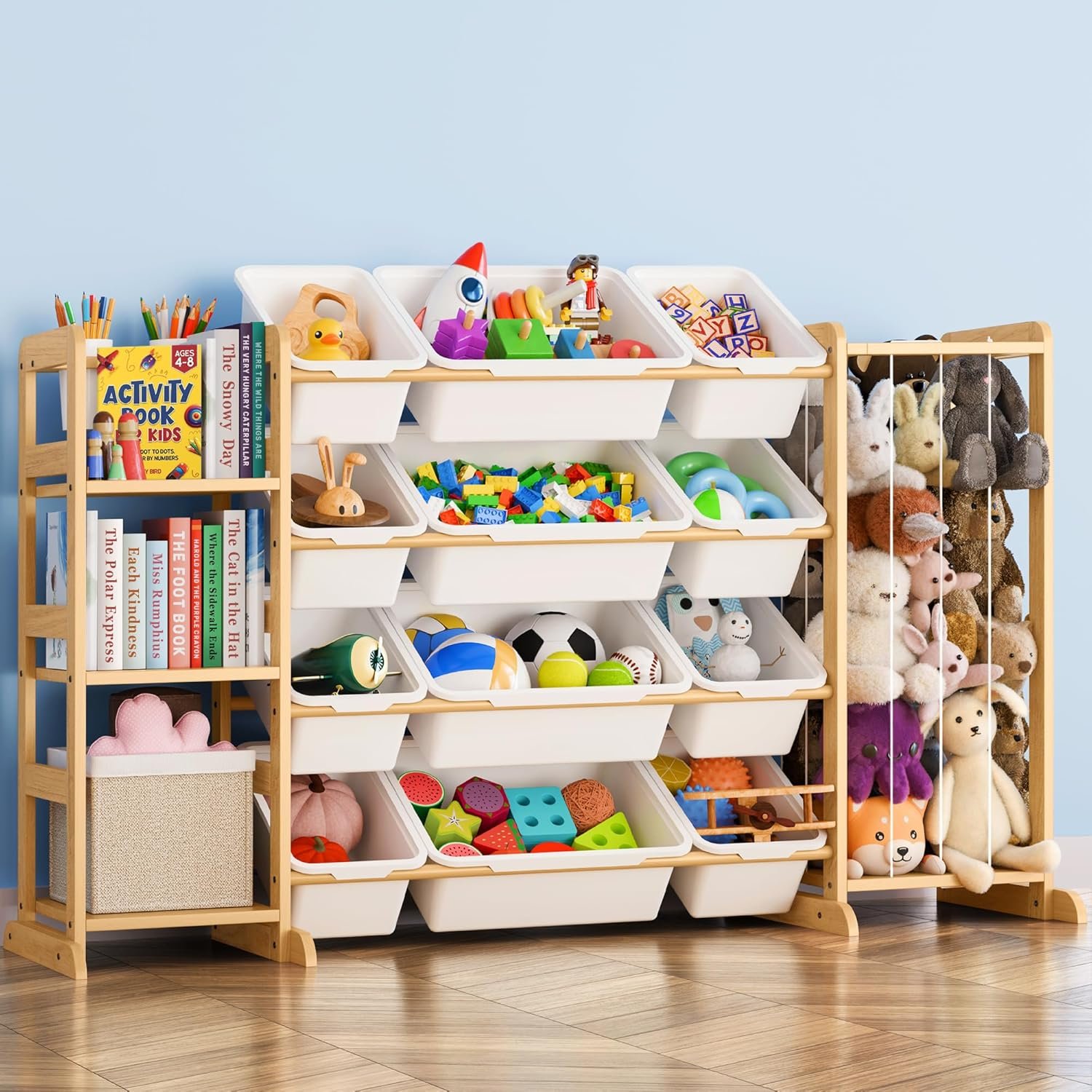 Toy Storage Organizer with Bookshelf and Stuffed Animal Storage – Kids Playroom Organization with Shelves and 12 Toy Bins – Toddler Living Room Toy Box for Lego – Nursery Bedroom Decor Essentials