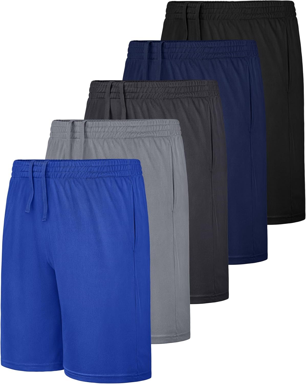 5 Pack Boys Athletic Shorts, Kids Youth Basketball Soccer Active Performance Quick Dry Shorts with Pockets Drawstring
