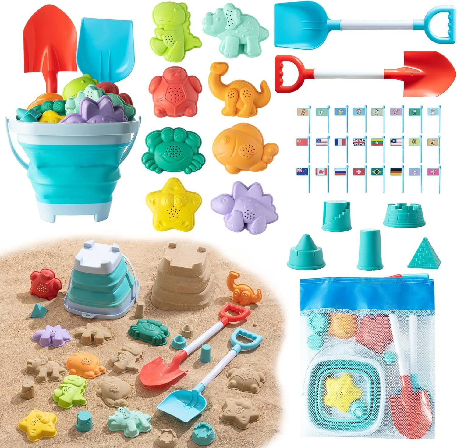 Sawaruita Beach Toys for Kids – Sand Toys Set Includes Collapsible Bucket Shovel and Mesh Bag 17 PCS, Toddlers Sandbox Toys Sandcastle Building Kit (Kids Beach Toy Set)
