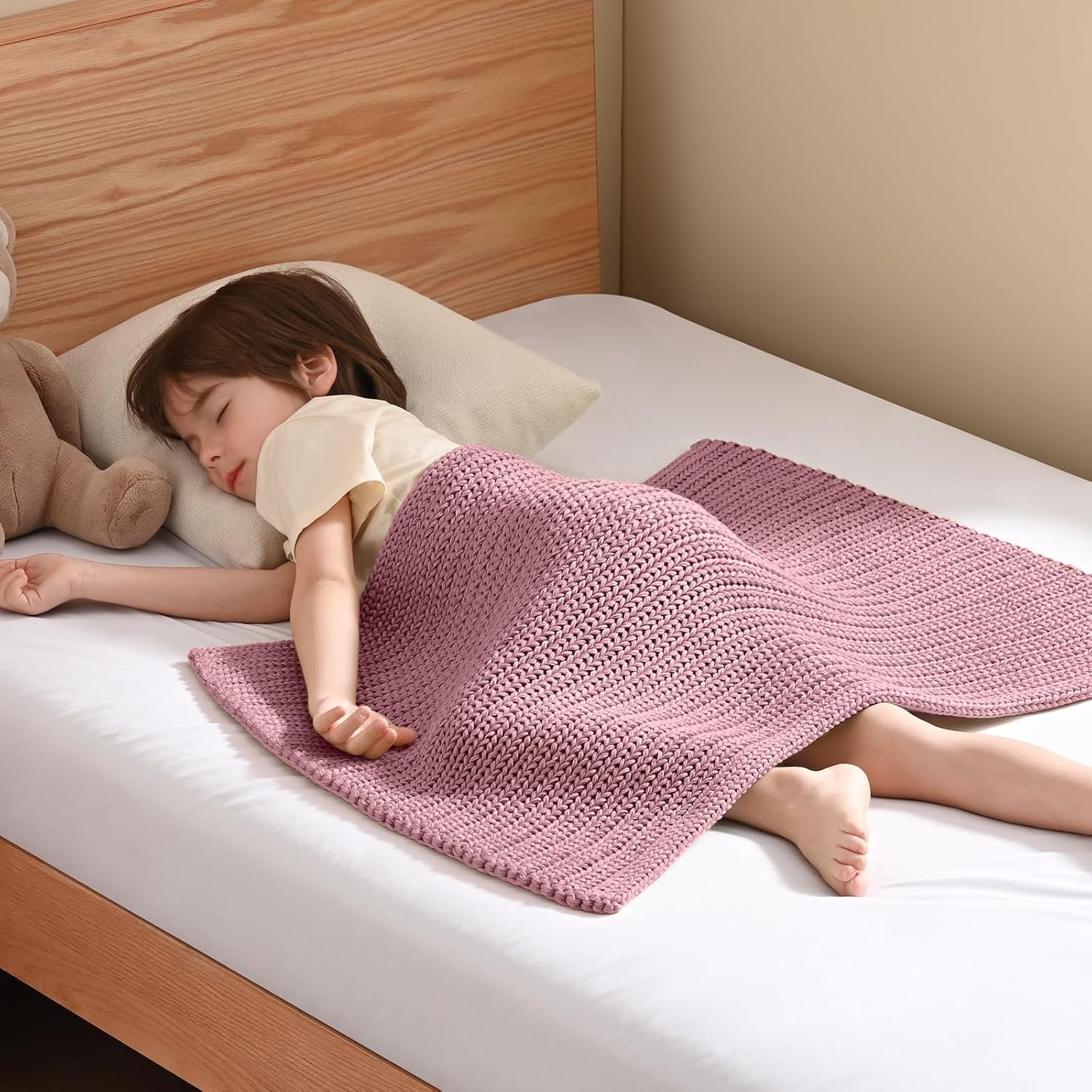 Guohaoi Knitted Weighted Lap Pad (Muted Pink 20″x30″ 2lbs) No Beads Cooling Weighted Blanket Kids for Nap, Breathable Chunky Knit Blanket, Small Throw Blanket for Travel Indoor Outdoor