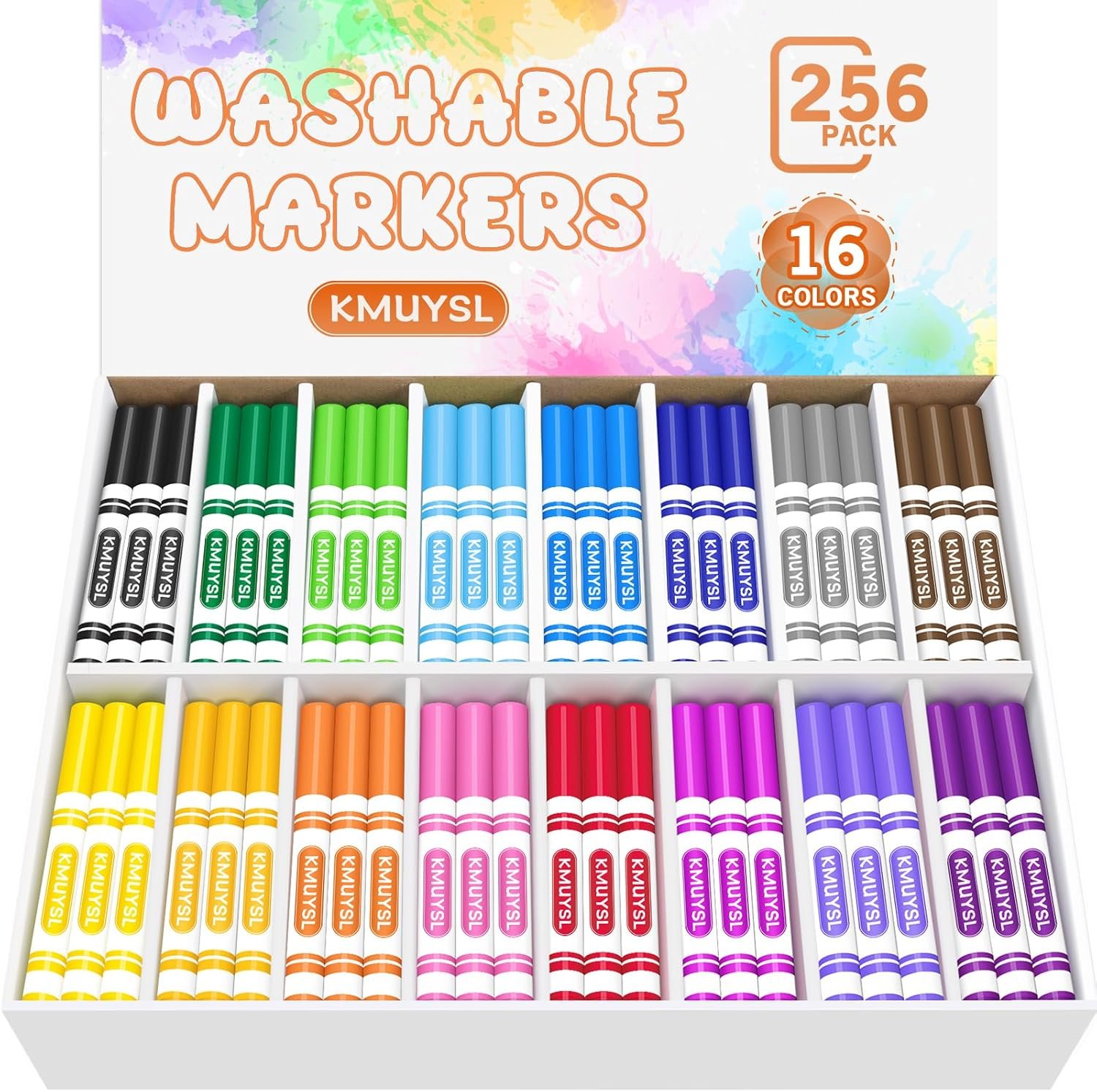 KMUYSL Washable Markers Bulk, Assorted Colors – Broad Line Conical Tip Coloring Markers for Kids, School Art Supplies & Back to School Supplies, Teacher Classroom Must Haves (16 Colors, 256 Pcs)