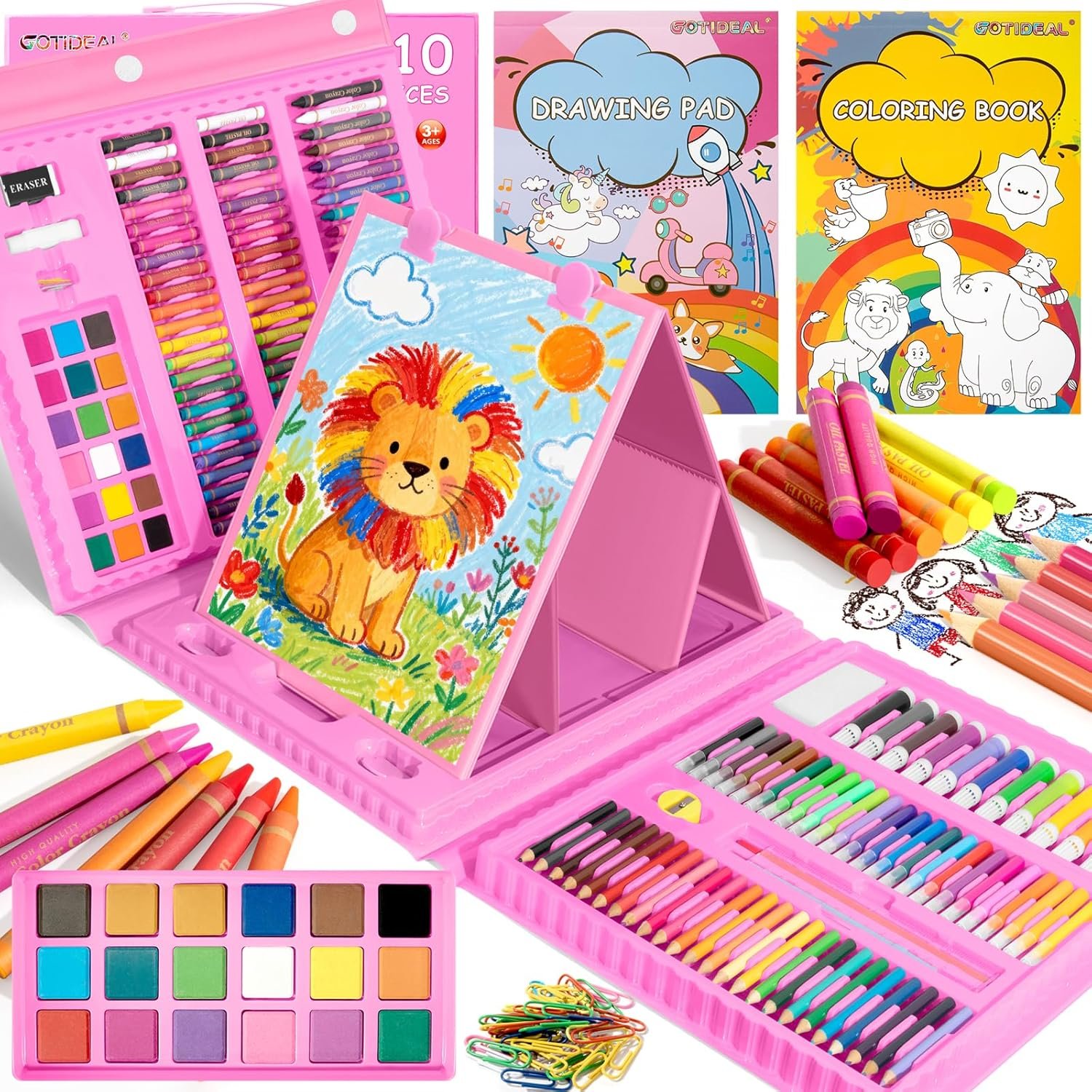 GOTIDEAL Art Supplies,Kids Art Set,210 PCS Art Kit for Kids Age 6-12 with Trifold Easel, Kid Drawing kit with Coloring Book, Crayons, Markers, Watercolor Pens,Gift for Boys and Girls(Pink)