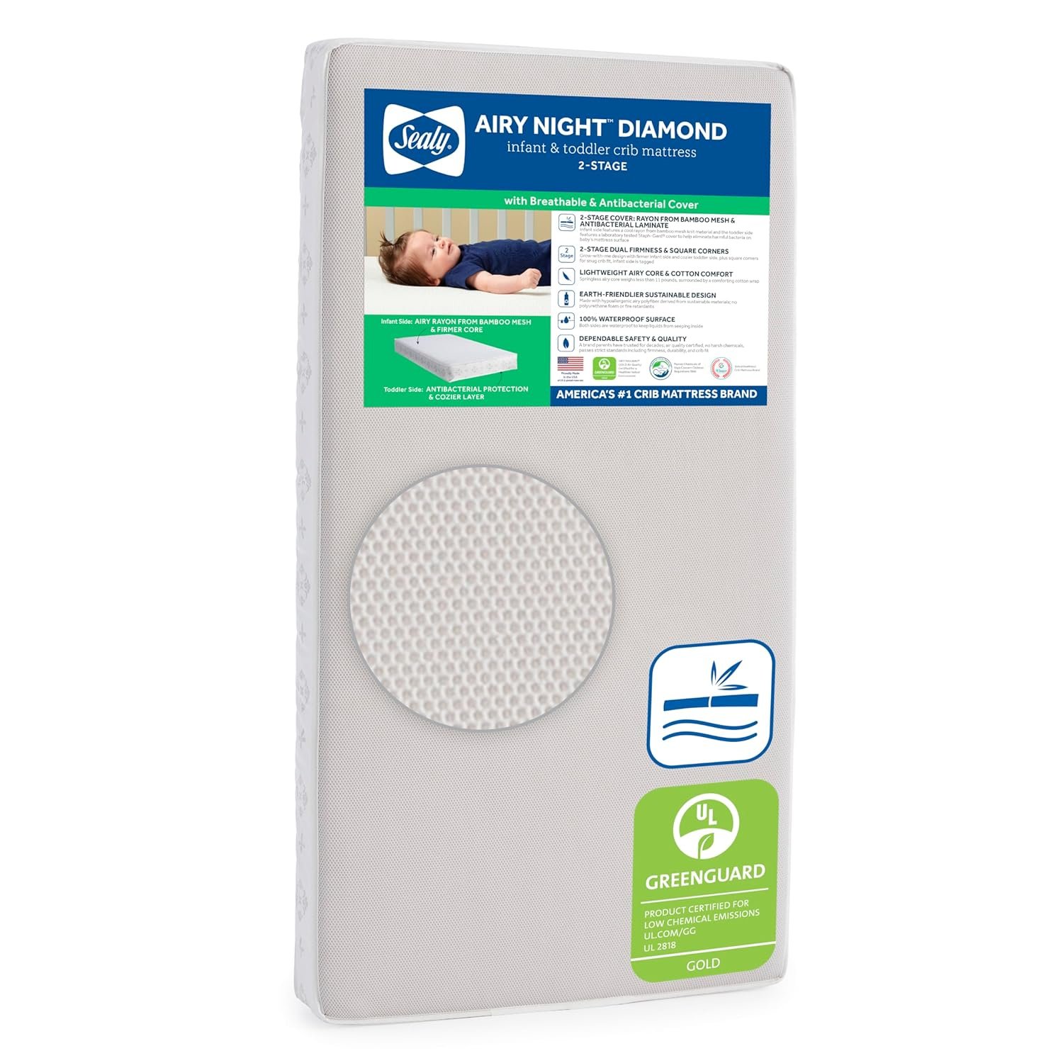 Sealy Baby Airy Night Diamond Breathable Crib Mattress, Made in USA, GREENGUARD GOLD Certified, Supportive & Sustainable Mesh Surface, 2 Stage, Toddler Bed Fit, Safety & Quality Tested, 52×28″