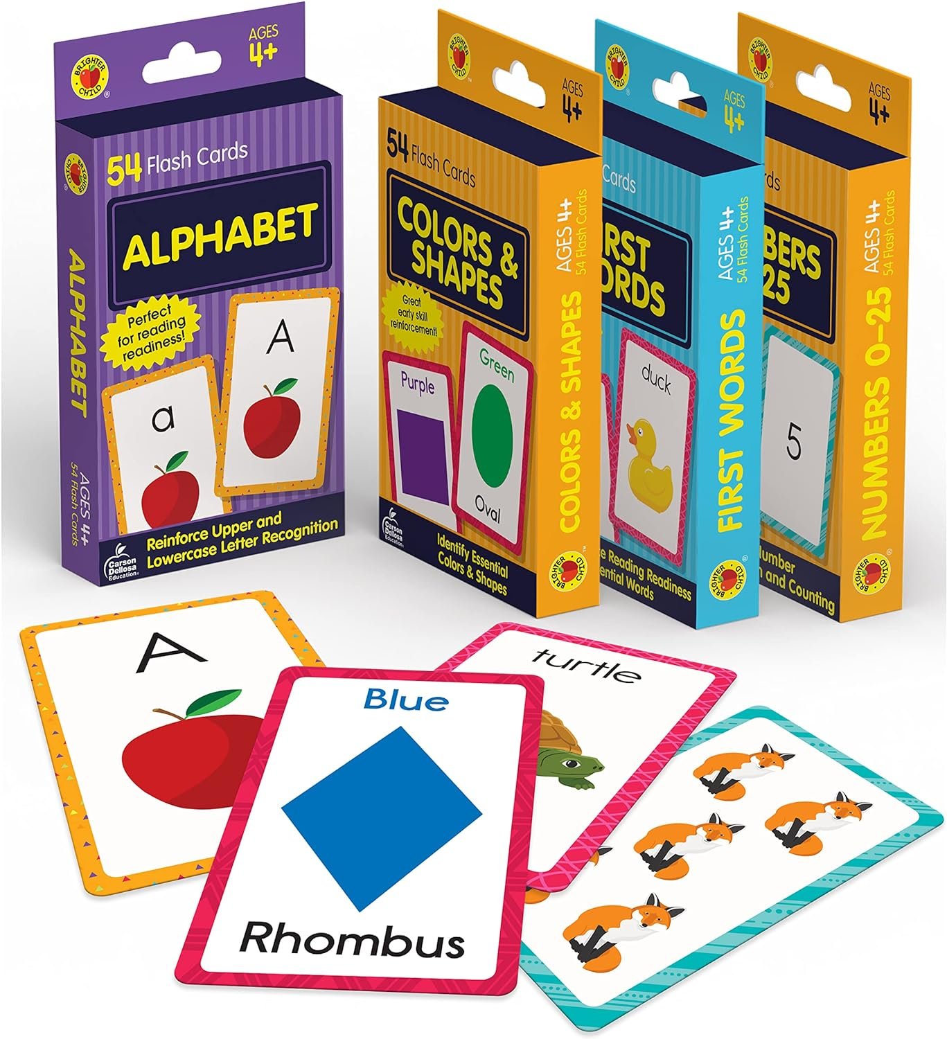 Carson Dellosa Toddler Flash Cards 4 Pack, Alphabet Flash Cards, Sight Word Flash Cards, Colors & Shapes Flash Cards, Number Flash Cards, Math & Phonics Kindergarten – Preschool Learning Activities 4+