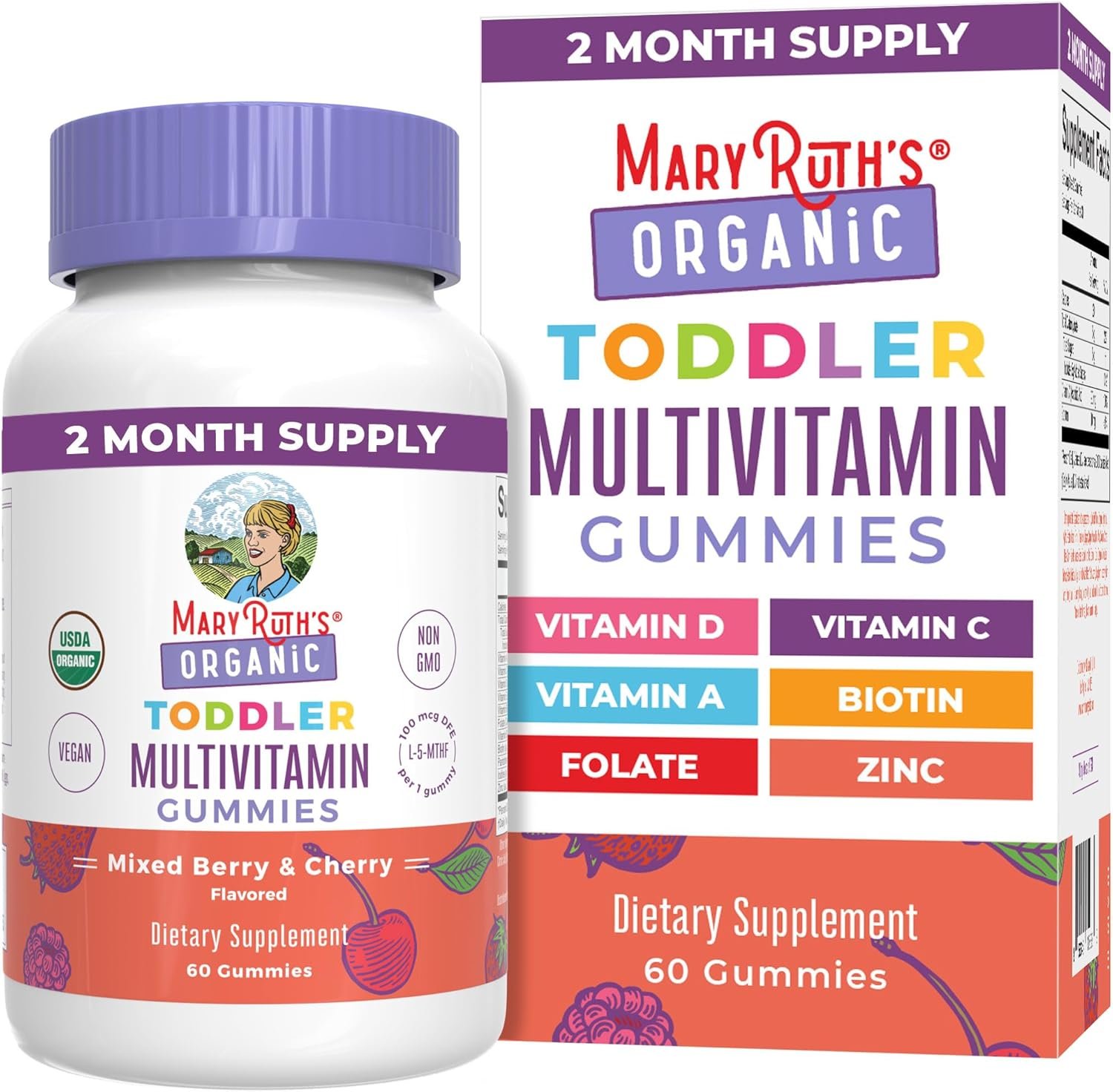 MaryRuth’s Toddler Multivitamin Gummies | USDA Organic | 2 Month Supply | Kid & Toddlers Age 2+ Daily Multivitamin: Vitamin C, D3, Zinc | Kids Vitamins | Only 1 Gummy Per Day | 60 Ct (60 Day Supply)