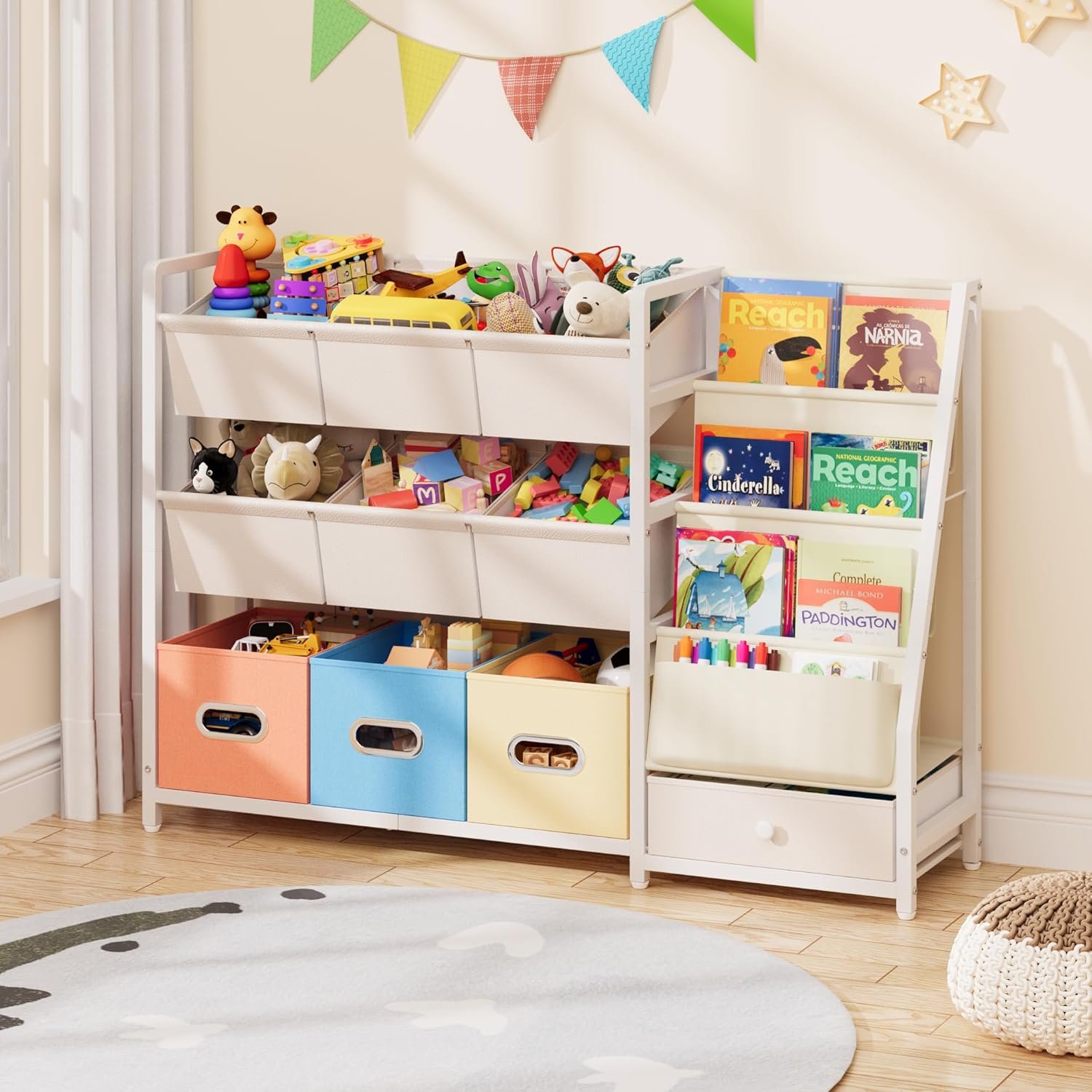 HAVLOTII Toy Storage Organizer – Kids Bookshelf and Toy Storage with 3 Book Shelf and 10 Storage Bins, Montessori Playroom Storage for Toddler, Baby, Book Shelf for Kids Rooms