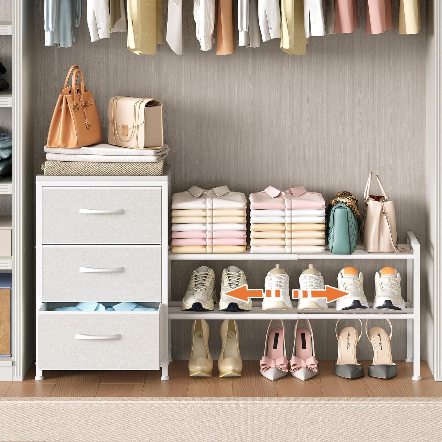 Cidaziya Expandable Closet Organizers and Storage, White Fabric Storage Dresser, 3 Drawer Dresser, Clothes Shelves for Kids, Purse Organizer Small Shoe Rack for Closet Bedroom(31.29~43.42 in)
