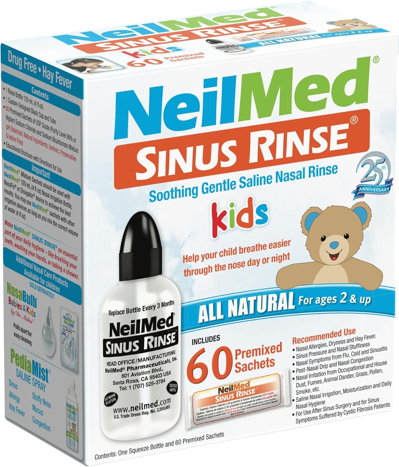 Neilmed’s Sinus Rinse, Pediatric, Complete Saline Nasal Rinse Kit 60 Premixed Packets