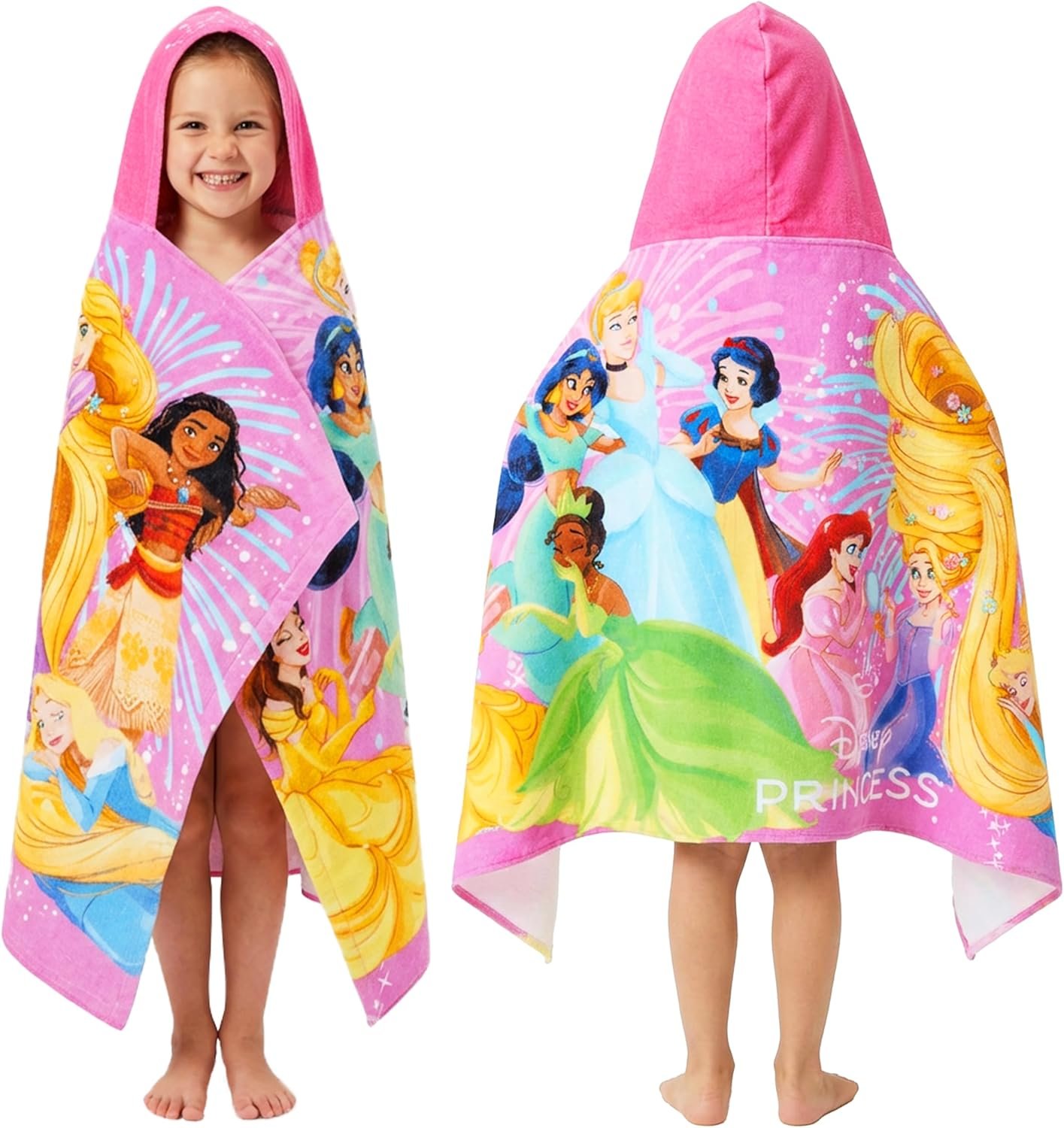 Disney Princess Bath Towels with Hood for Girls, Soft Absorbent Cotton Beach Towel, Swimming Pool Hooded Poncho, Shower Bath Cinderella Moana Rapunzel for Girls Ages 2-6 (Multi Princess)