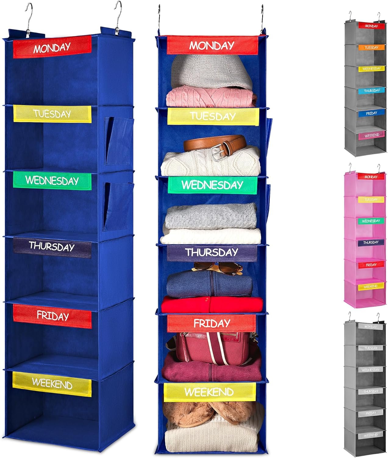 Handy Laundry Hanging Clothes Organizer for Kids – 6-Shelf Closet Daily Clothing Organization Labeled Shelves with Days of The Week Monday Through Friday, Weekday and Weekend (Blue)