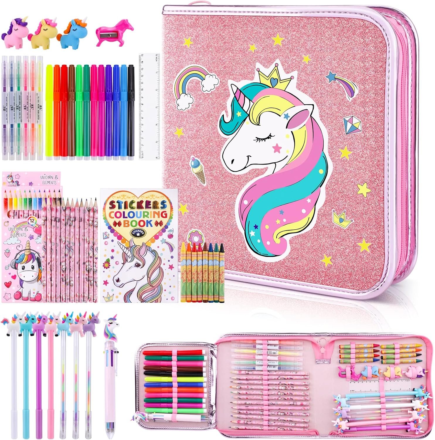 53PCS Fruit Scented Markers Set – Art Coloring Drawing Kits for Kids with Unicorn Pencil Case, Art Supplies for Kids Ages 4 6 8,Stationary Set Pencil,Crayon&Markers Stuff,Birthday Gifts Toys for Girls