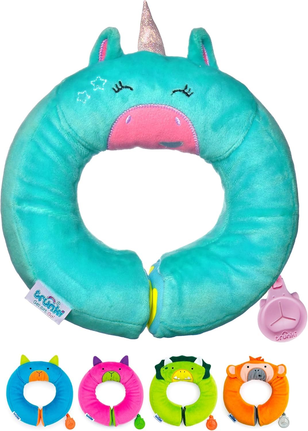 Trunki Kid’s Travel Neck Pillow and Chin Rest | Support Sleepy Heads in The Car Seat, Plane, Bike or Pram | Yondi Small UNA Unicorn (Turquoise)