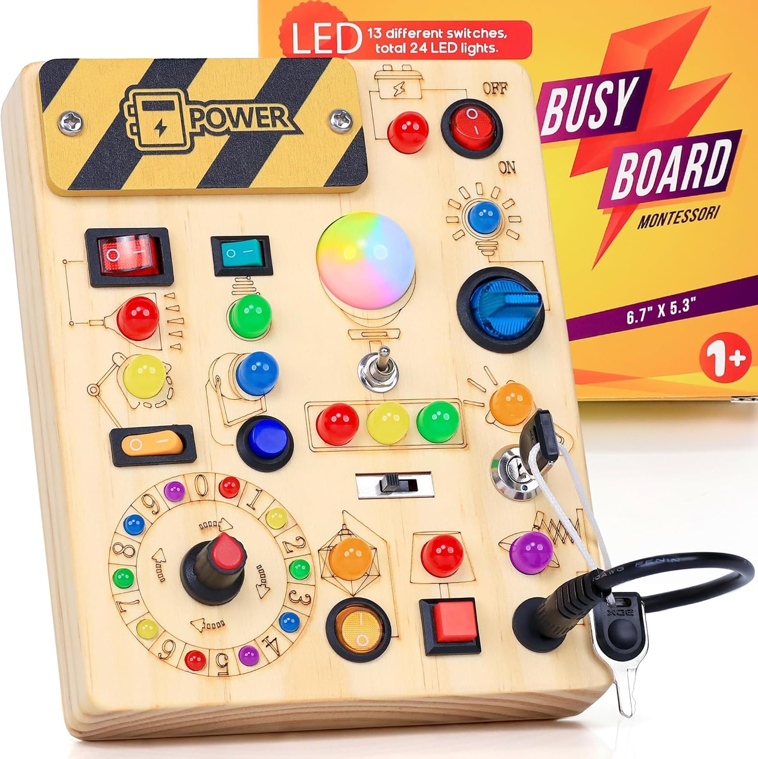 RichBoy Busy Board Montessori Sensory Toy, 37-in-1 Switch Board with 24 LED Lights, Birthday Gift for 1 2 3 Year Old Boys Girls, Safety for Toddlers Home Travel Essentials (6.7″ X 5.3″)