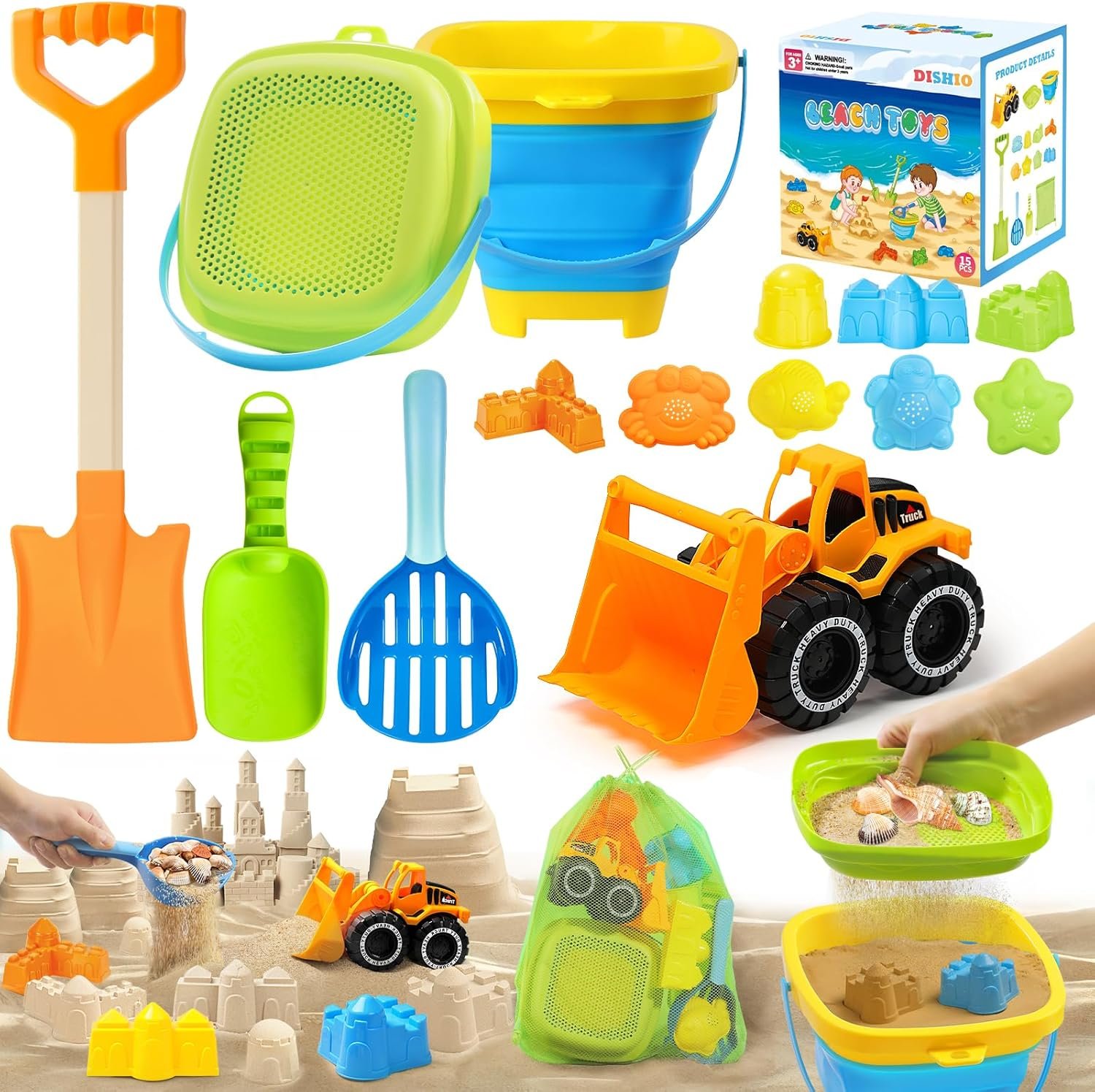 Collapsible Beach Sand Toys Set for Kids – Includes Bucket, Mesh Shovel, Filter Scooper & Castle Molds – Toddler Beach Toys for 1-3 & Kids Ages 4-8 with Mesh Bag, Summer Outdoor Beach Essentials