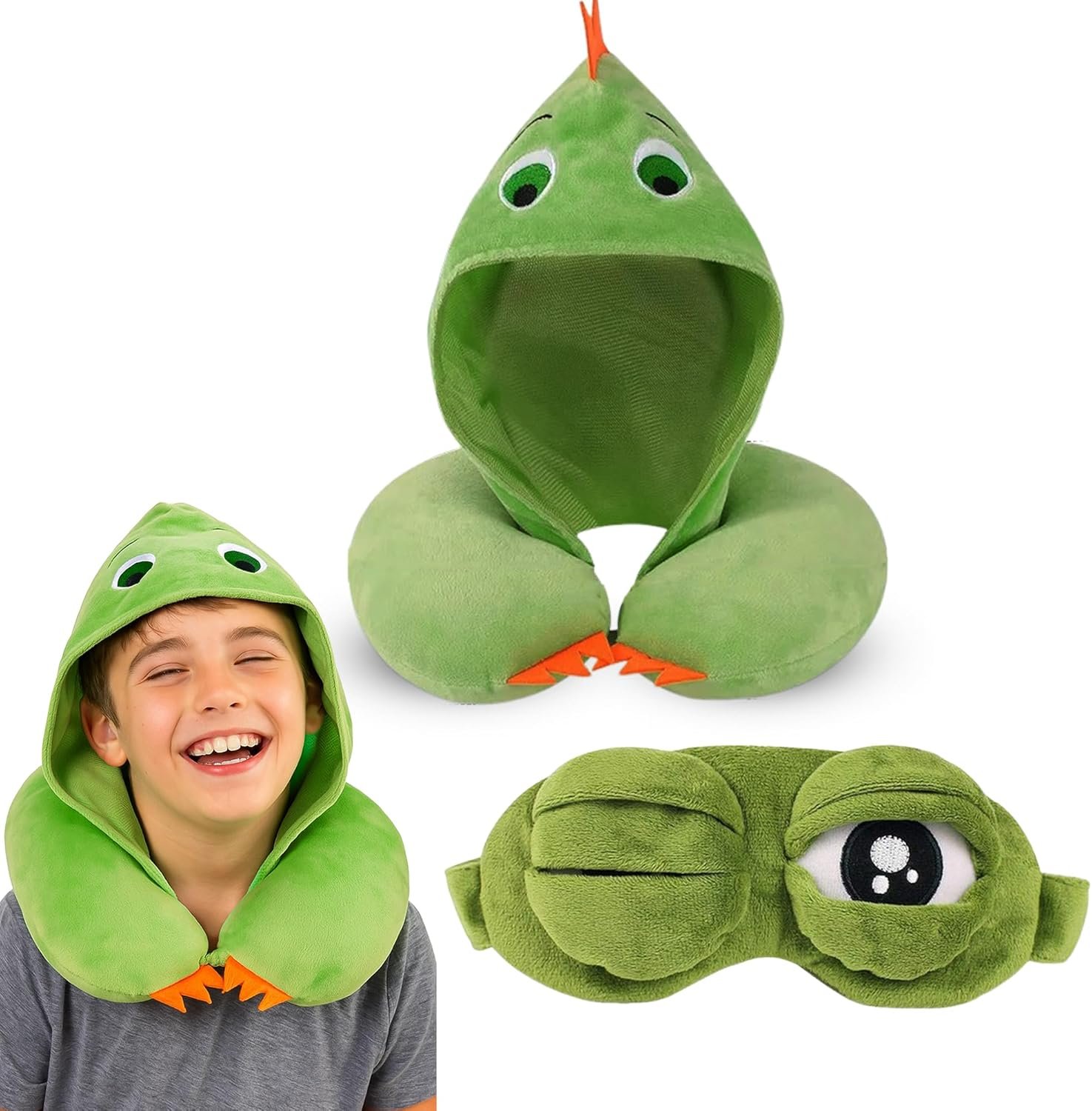 Pillow with Hood and Eye Mask for Kids – Travel Neck Support, Soft Comfort Set for Children, Cute Green Design, Cozy Rest Anywhere 21 x 7.5cm