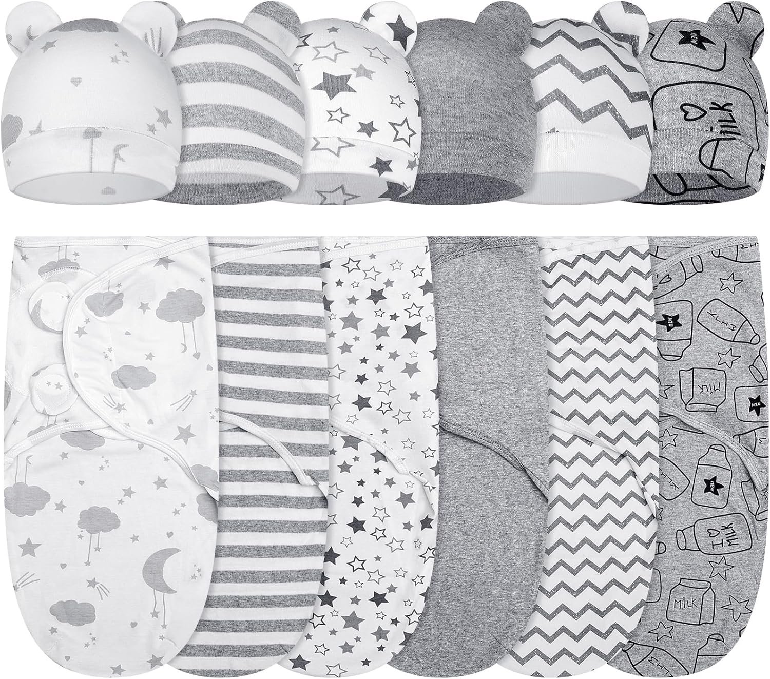 Ramede 6 Pack Swaddle Blanket with Hats for Baby Girl Boy 100% Cotton Swaddles 0-3 Months, Adjustable Breathable Skin Friendly Receiving Blanket Wrap, Essential for Newborns