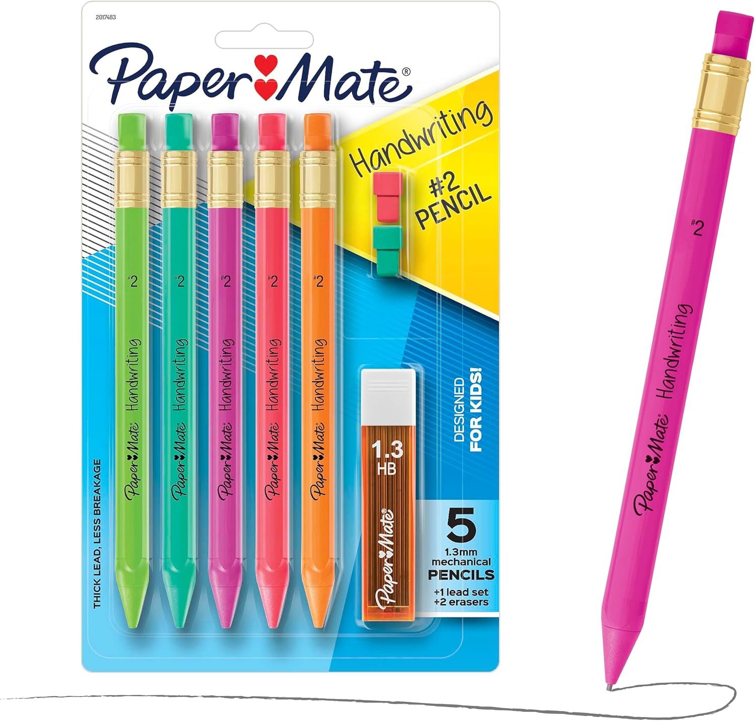 Paper Mate Handwriting Triangular Mechanical Pencil Set with Lead & Eraser Refills, 1.3mm, 8 Count – Back to School, Teacher Supplies, Home, Kids Writing, Fun Barrel Colors