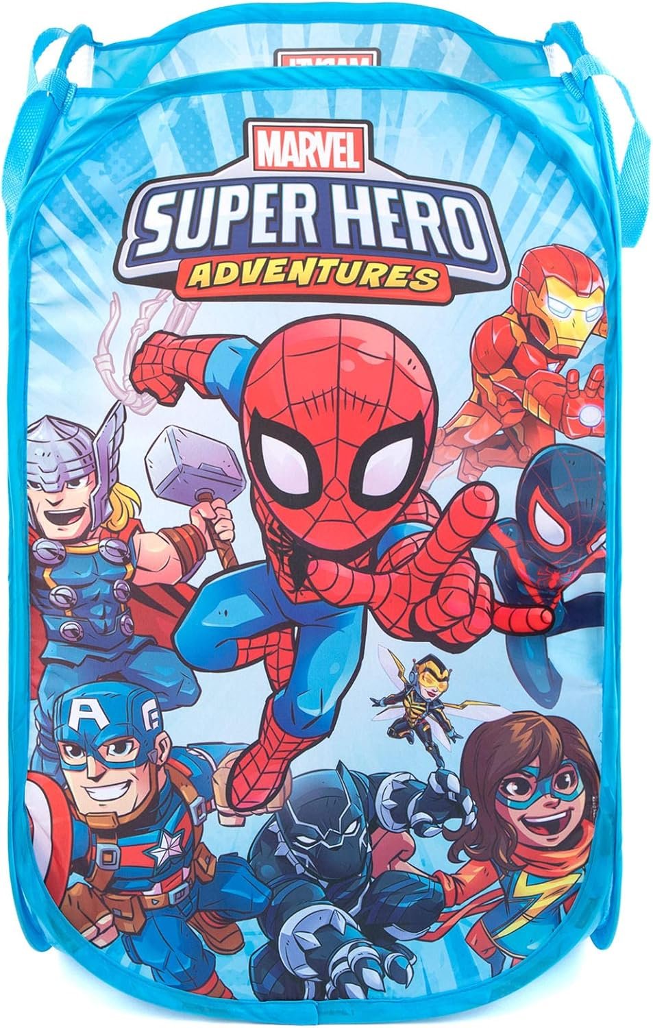 Jay Franco Marvel Super Hero Adventures Pop Up Hamper – Mesh Laundry Basket/Bag with Durable Handles – Features Spiderman, Iron Man, Captain America & Thor (Official Marvel Product)