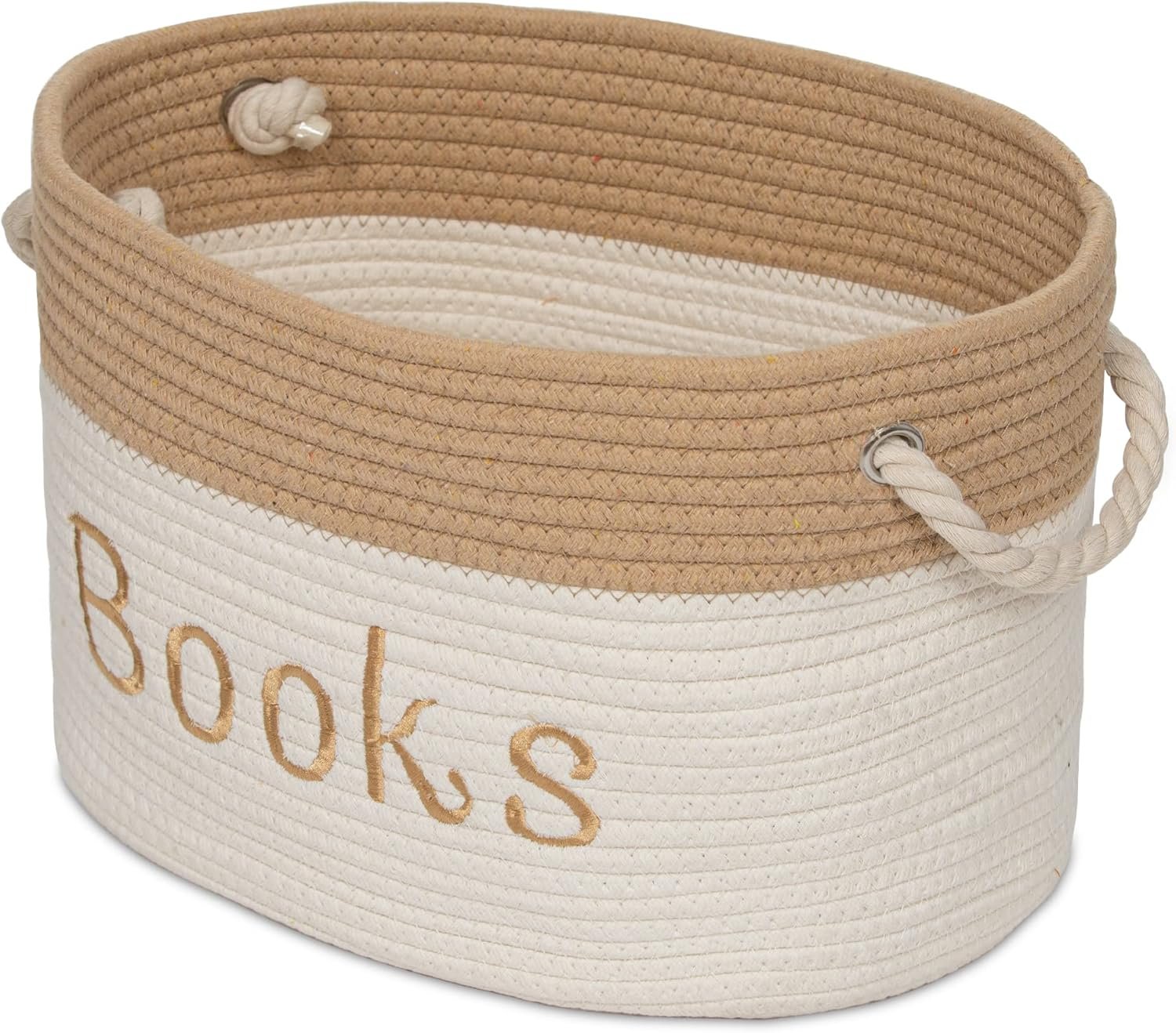 Rope Storage Basket – 15 x 11 x 9 Book Storage Bin – Embroidered Storage Bins – Tote Bin for Nursery, Playroom, Living Room, Classroom (Book Bin)
